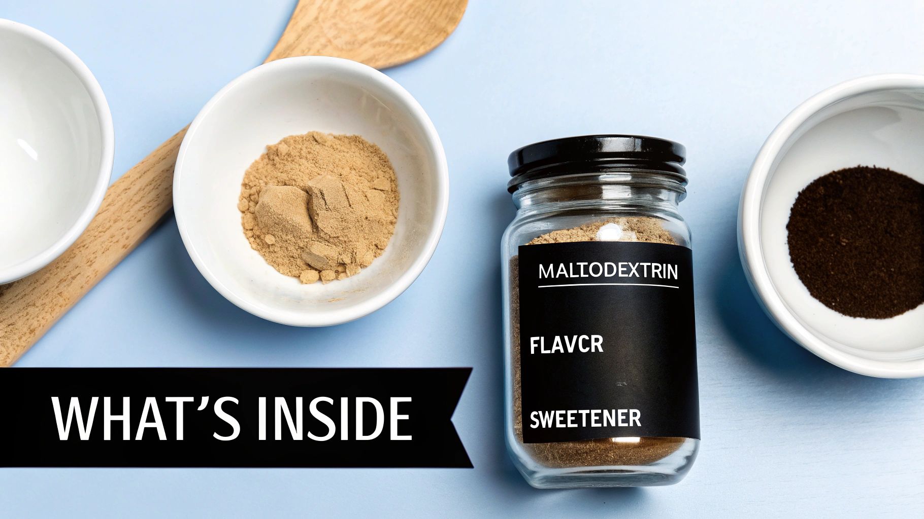 Overhead shot of various ingredient powders in white bowls and a labeled jar on a light blue surface.