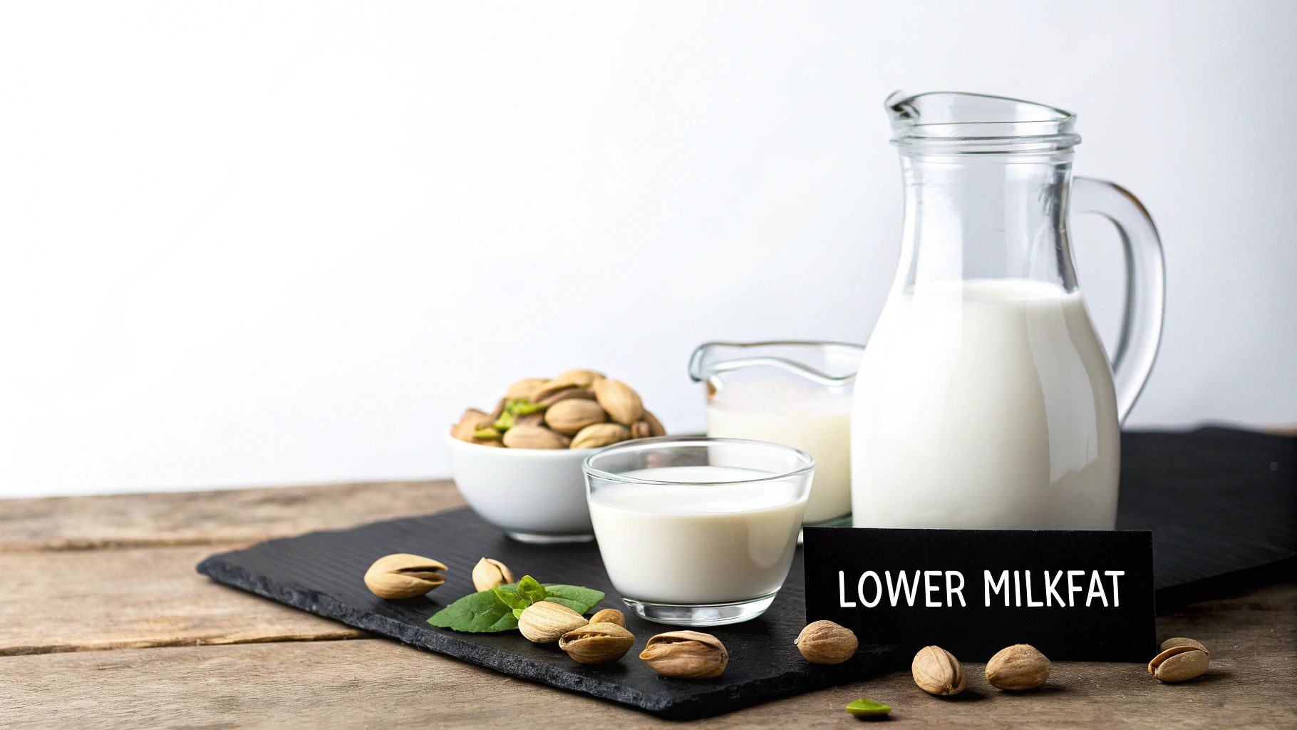 Various milk containers and pistachios displayed on a dark slate, with a sign reading 'LOWER MILK FAT'.