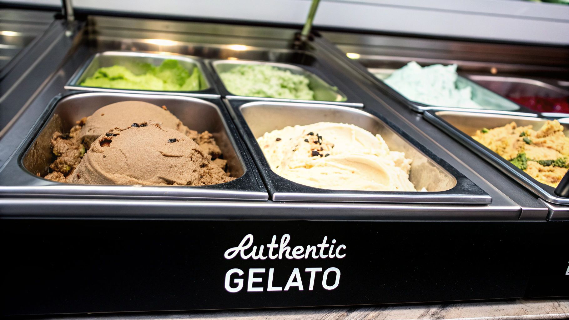 A close-up of a display case filled with various flavors of authentic gelato, including chocolate and vanilla.
