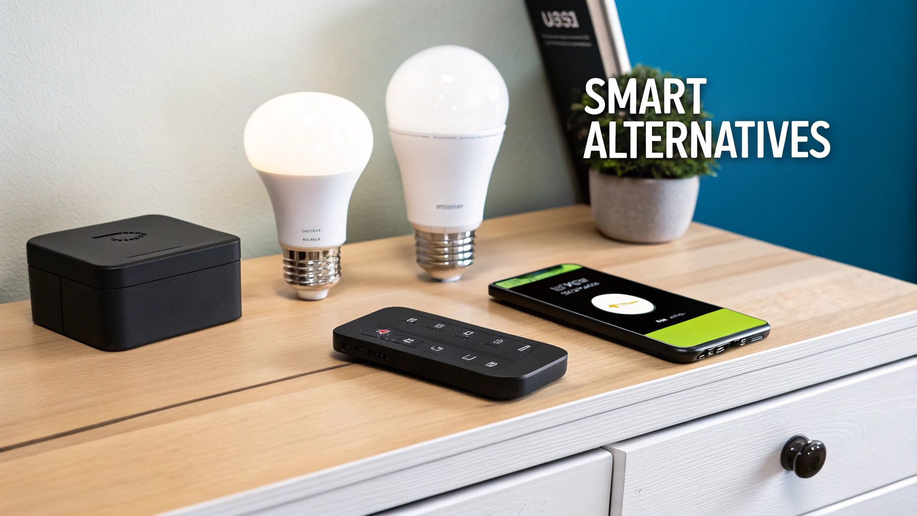 Various smart home devices, including light bulbs, a black hub, remote, and smartphone app.