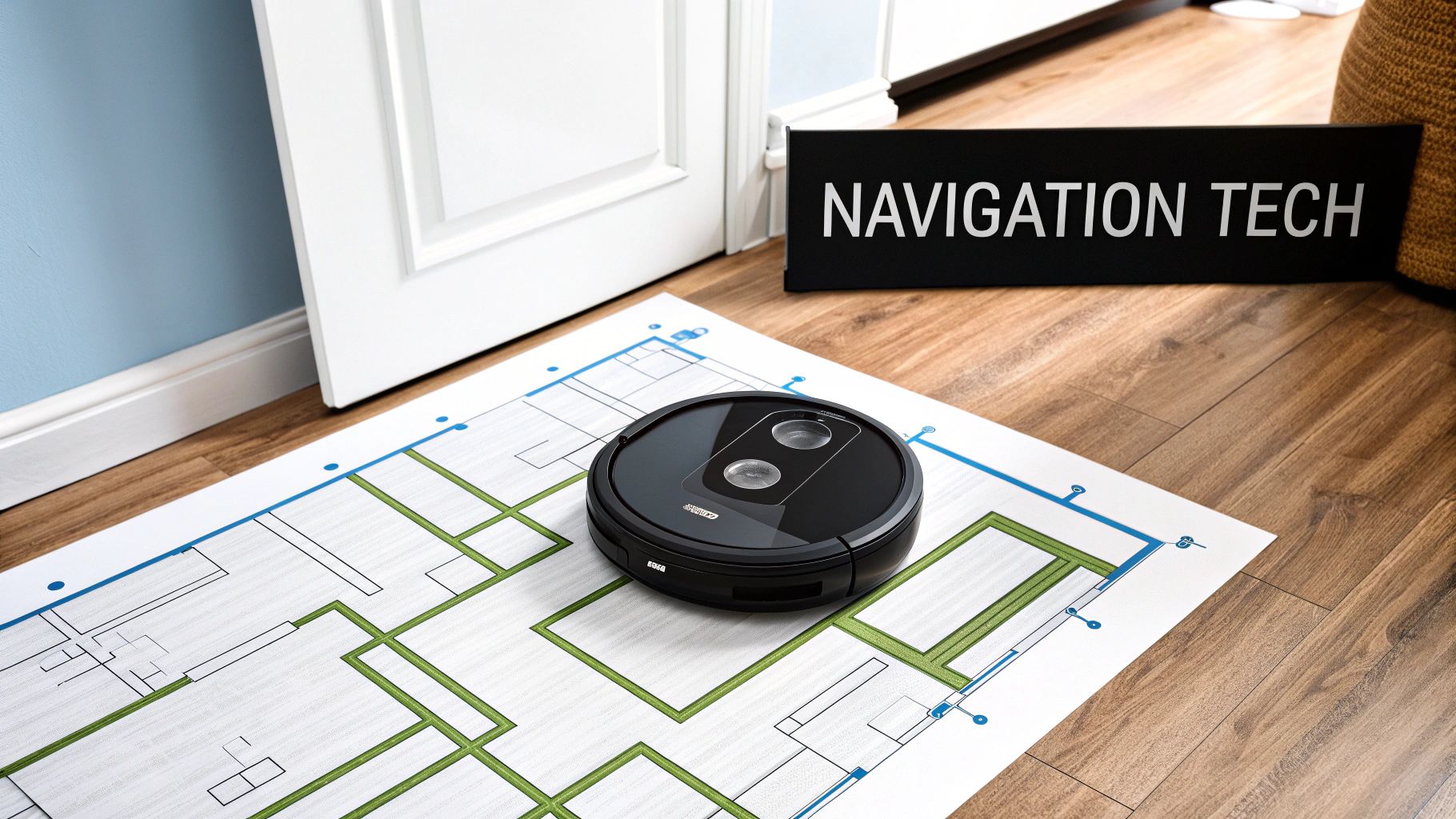 A robotic vacuum cleaner sits on a house floor plan next to a 'NAVIGATION TECH' sign.