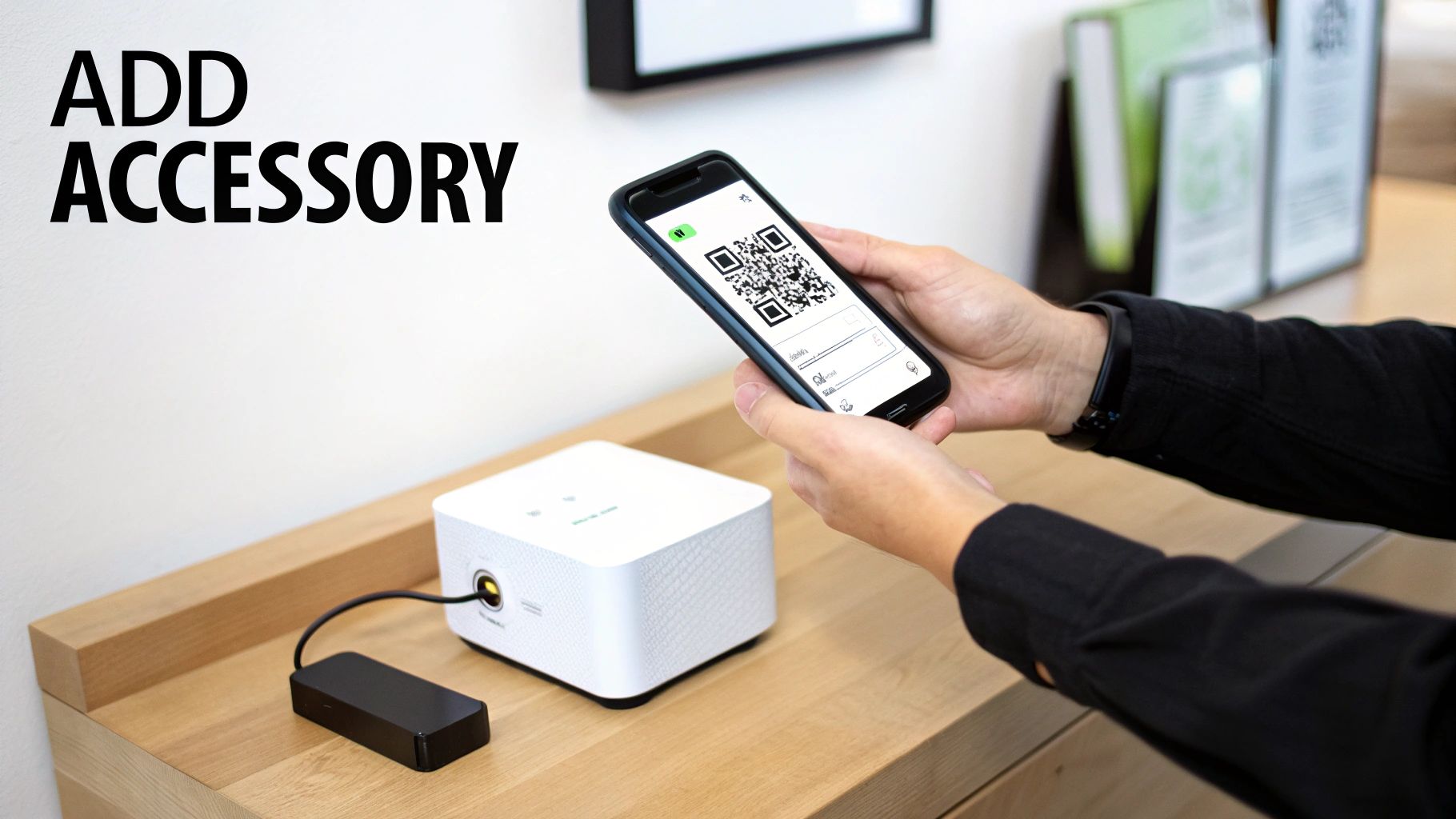 A hand holding a smartphone scanning a HomeKit QR code on a smart plug's box