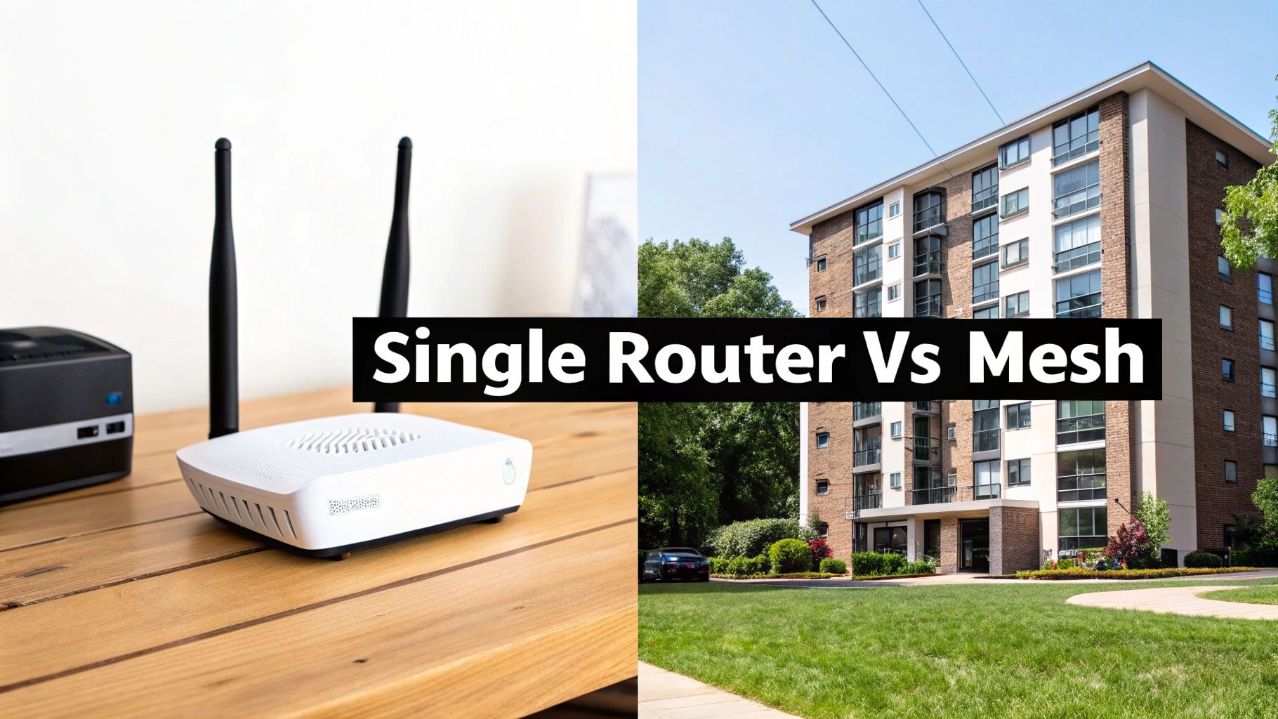 A split image showing a white wireless router on a wooden table and a large apartment building, illustrating 'Single Router Vs Mesh' WiFi solutions.
