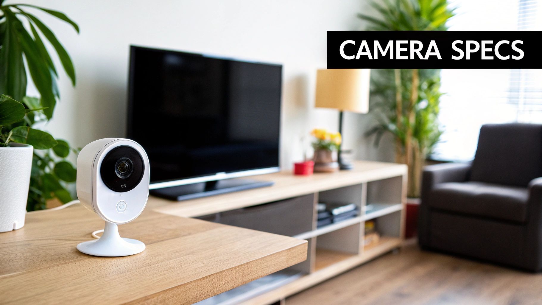 White indoor security camera with night vision on wooden table in modern living room