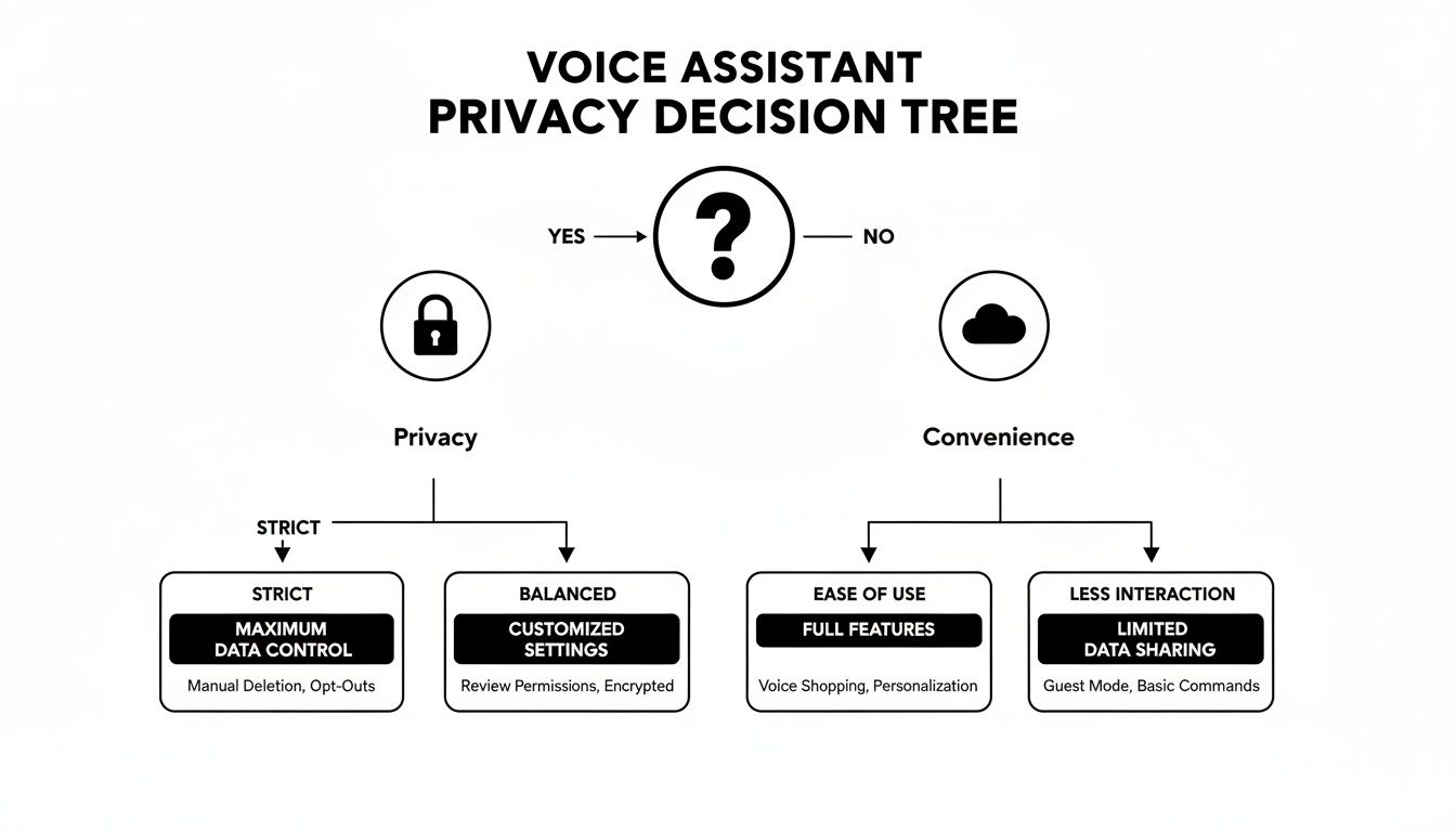 A voice assistant privacy decision tree, detailing options for data control, convenience, and features.