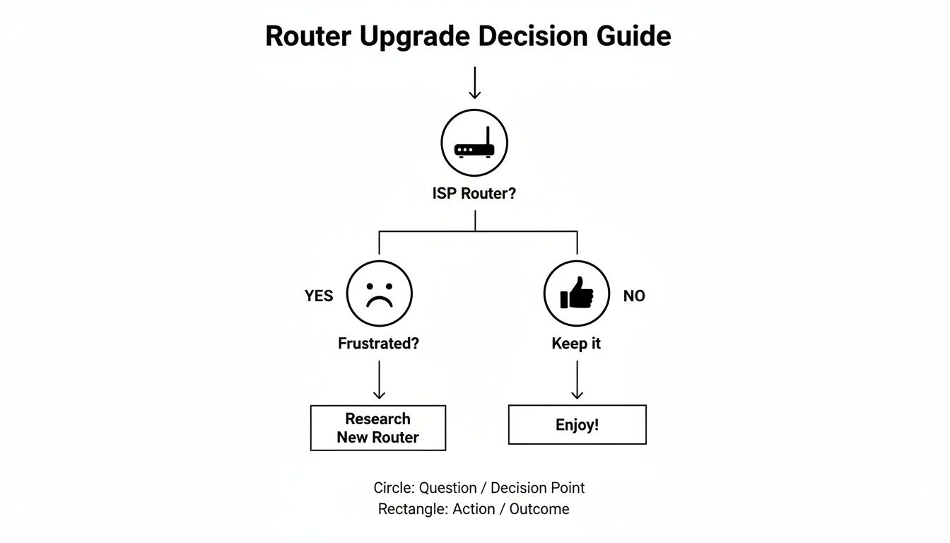 Flowchart guiding users on when to upgrade their router, based on ISP router and frustration.