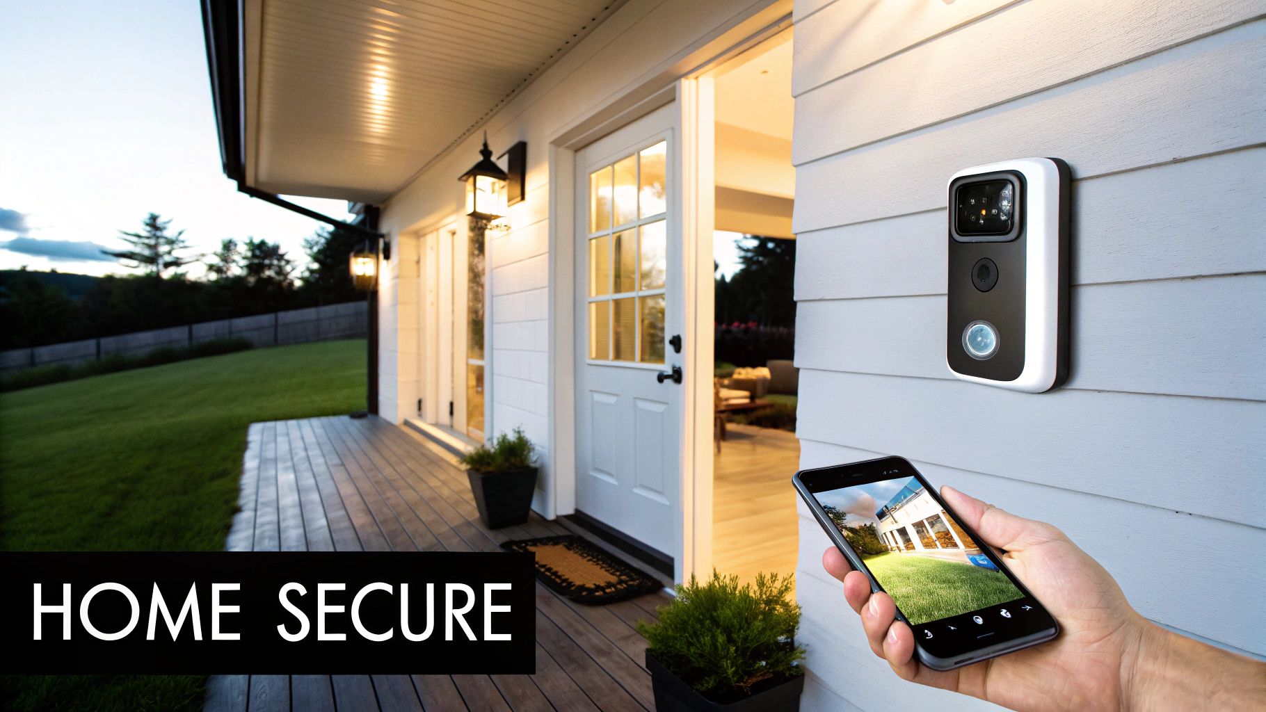 Smart doorbell camera with video surveillance system showing live feed on smartphone at home entrance