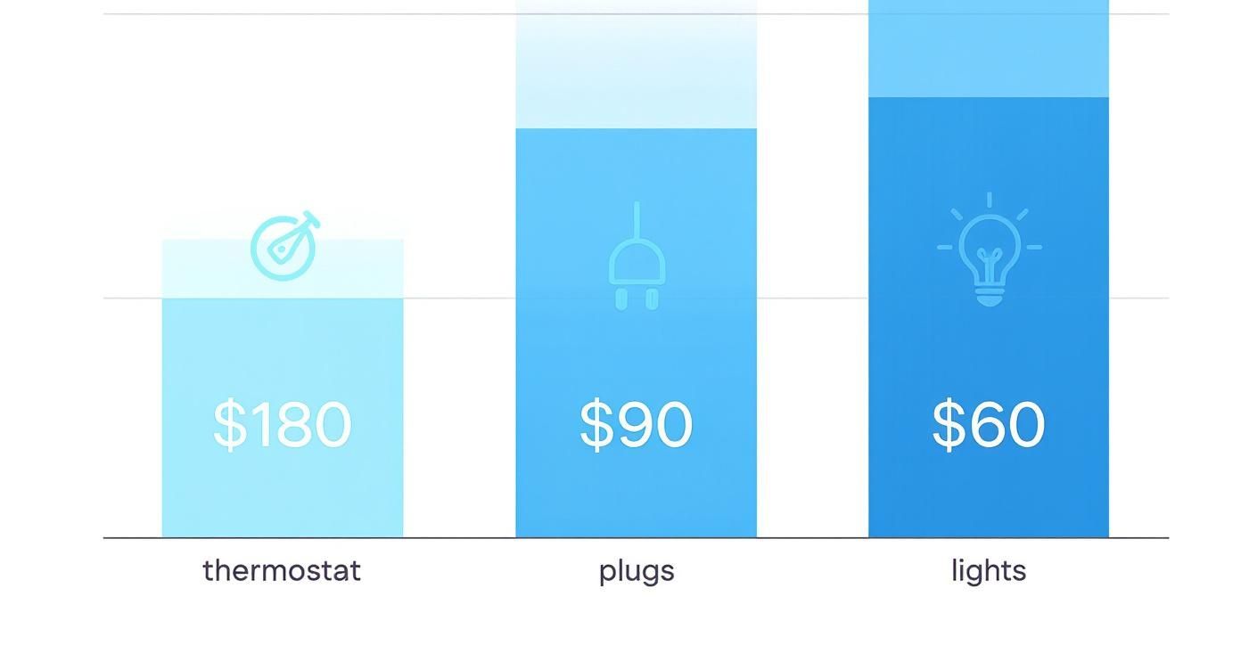 Bar chart visualizing potential energy savings: $180 for thermostat, $90 for plugs, and $60 for lights.