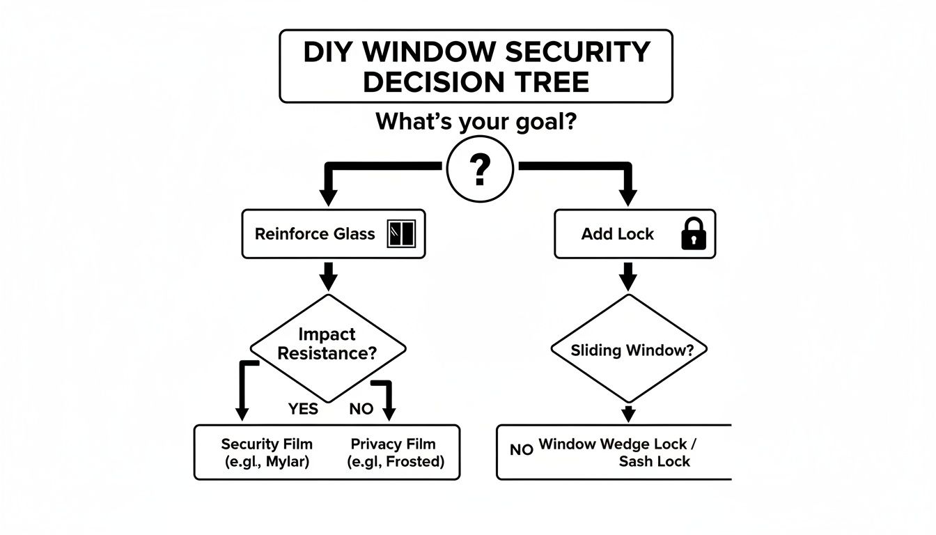 Decision tree for DIY window security, offering solutions like films and locks based on goals.
