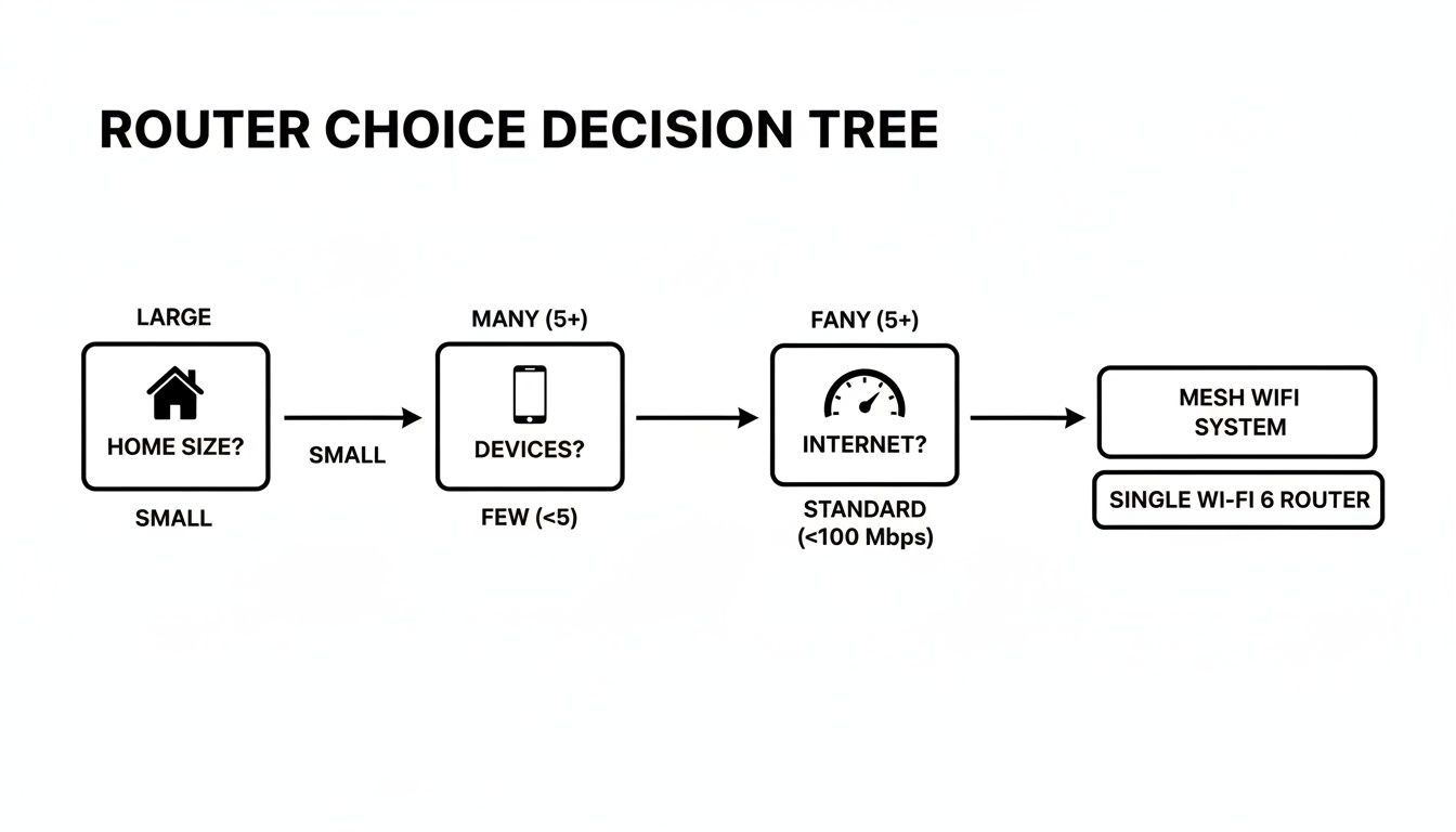 A router choice decision tree diagram guiding users based on home size, devices, and internet speed.