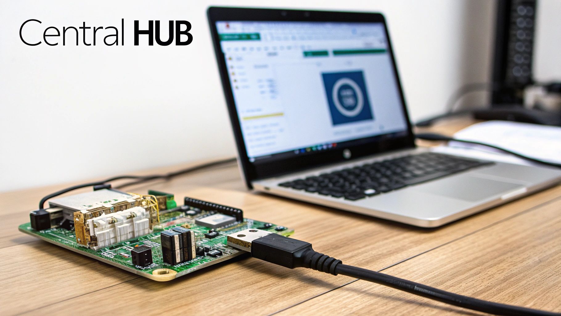 Circuit board connected to laptop displaying Central HUB home automation software interface on desk