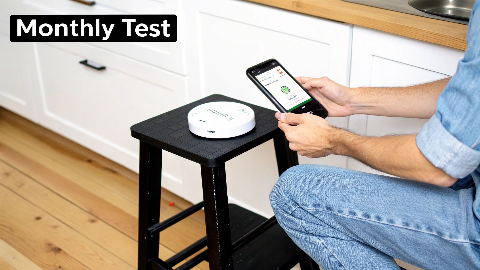 A person performs a monthly test on a white carbon monoxide detector using a smartphone app.