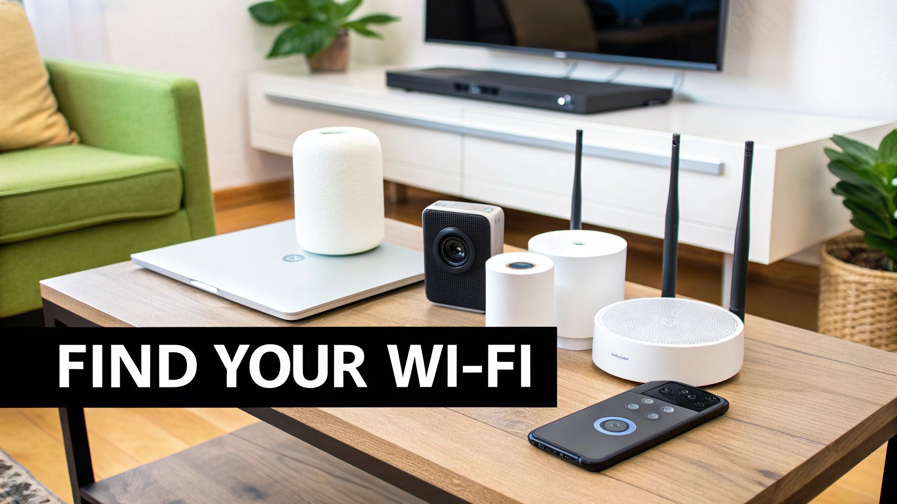 Various white Wi-Fi routers, mesh devices, a laptop, and a remote on a wooden living room table.