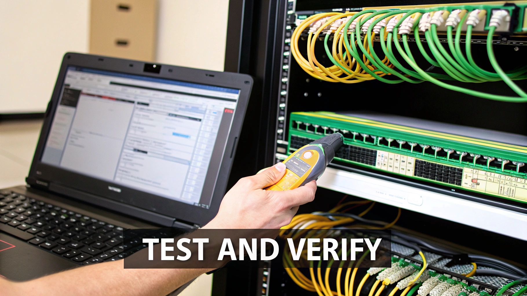 A technician uses a network cable tester on a server rack while a laptop displays network data.