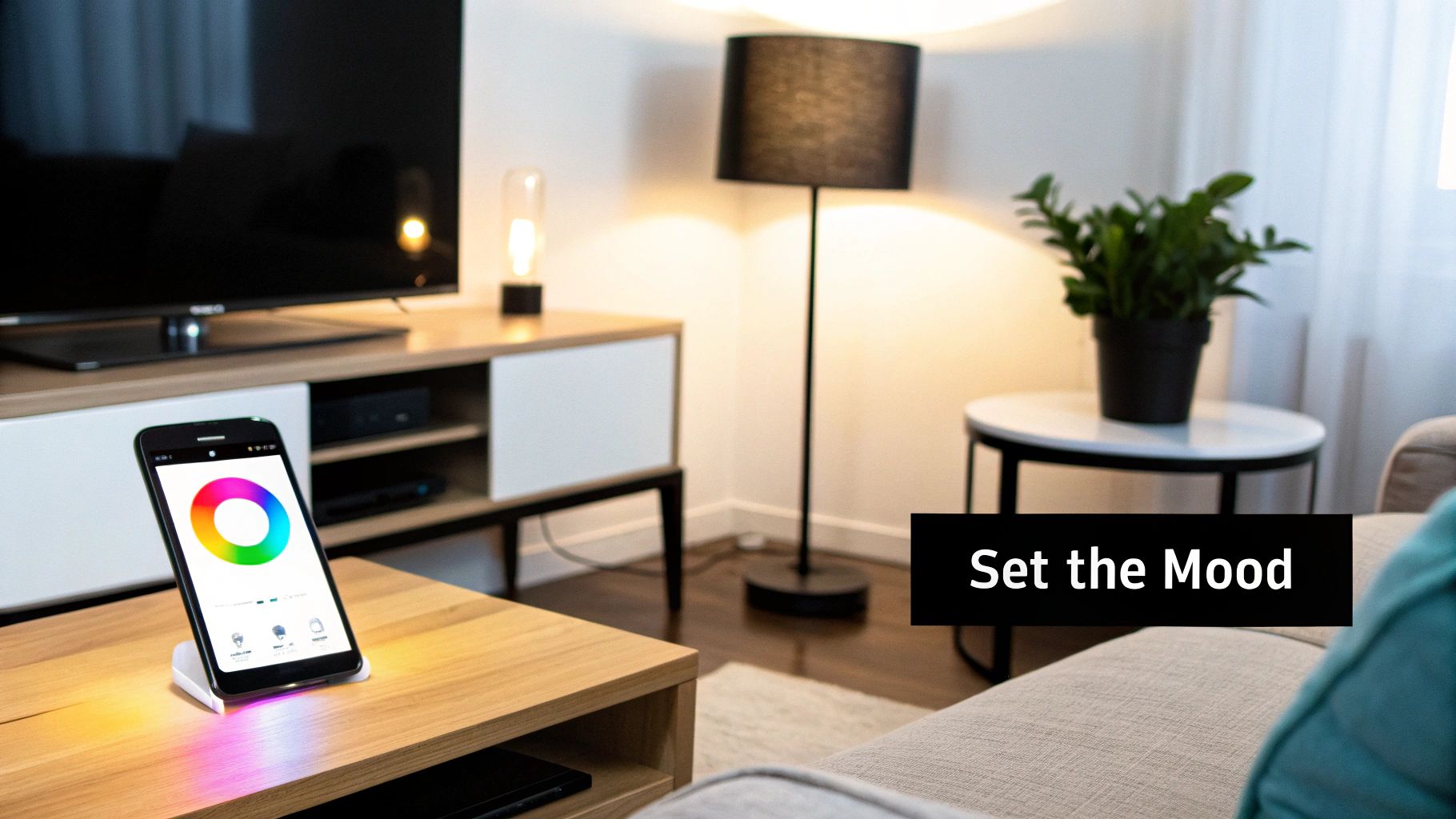 Smartphone controlling smart home lighting with a color wheel app, setting a modern living room mood.