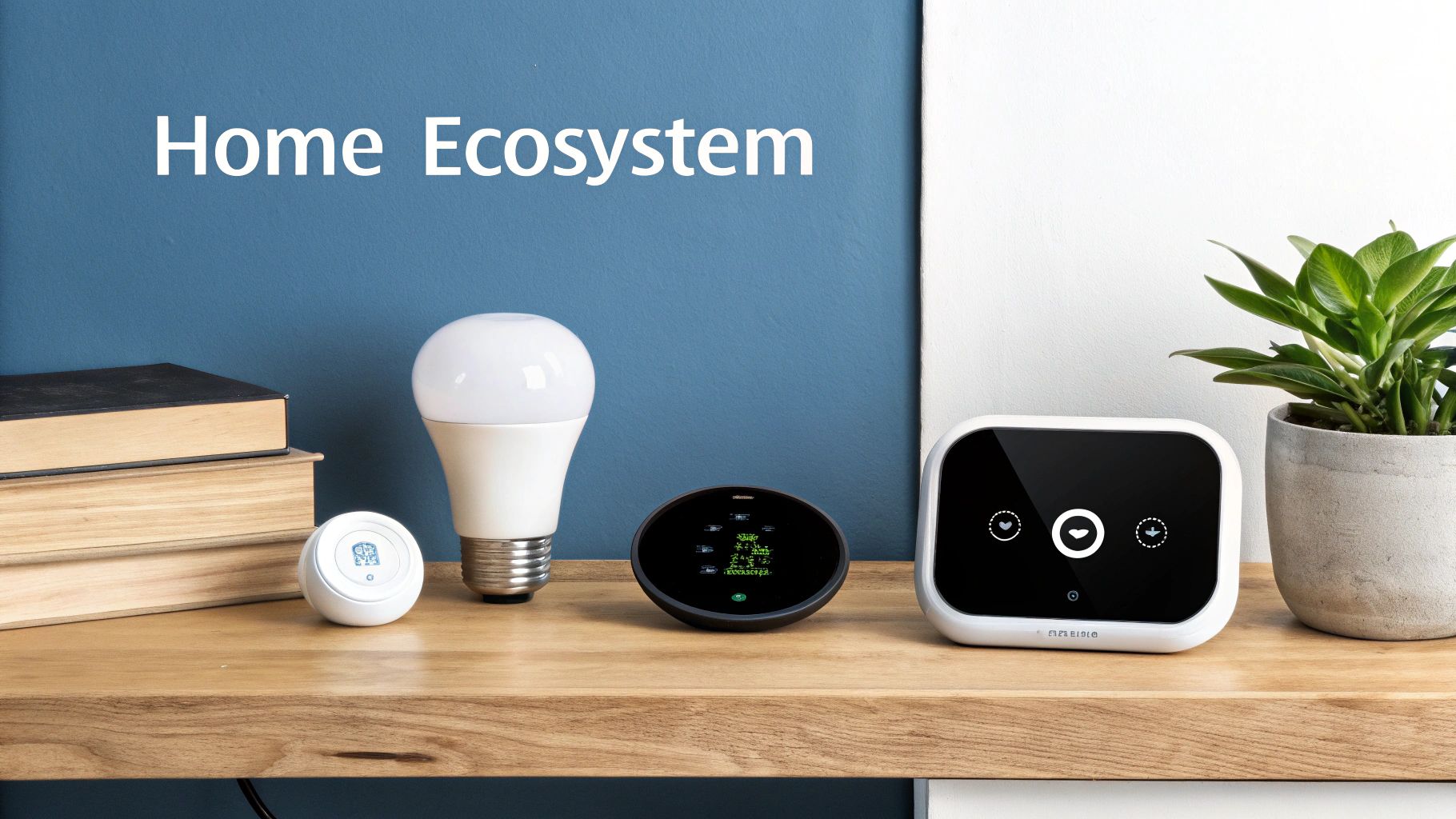 Smart home devices, including a light bulb, sensors, and hubs, on a wooden shelf.