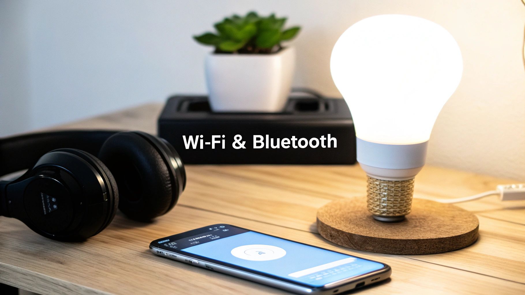 A smartphone, wireless headphones, and a smart light bulb on a wooden table, highlighting Wi-Fi and Bluetooth connectivity.