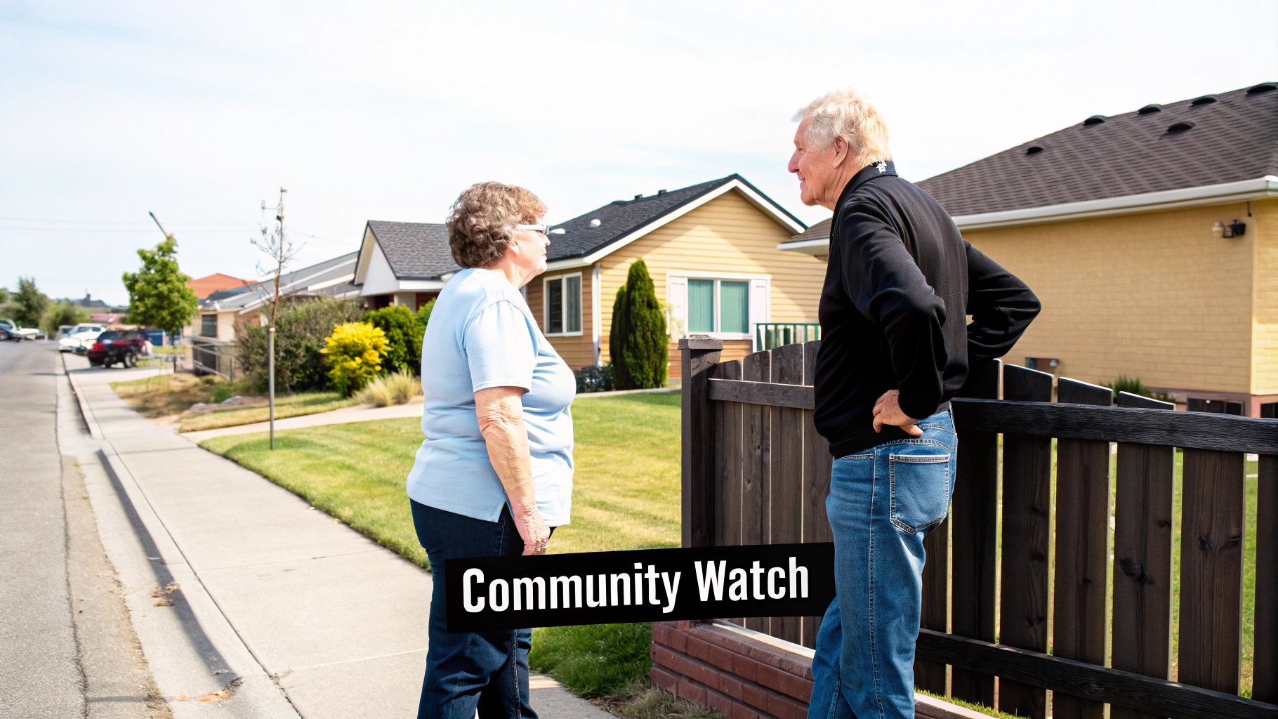 Neighbors talking over a fence in a friendly, well-kept suburban neighborhood.