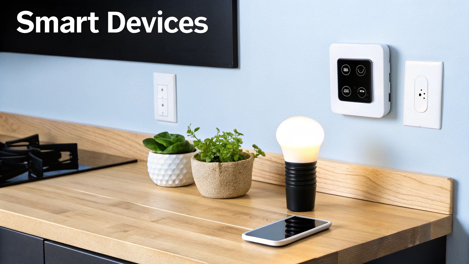 A modern kitchen counter displays various smart home devices including a light bulb, wall switches, and a smartphone.