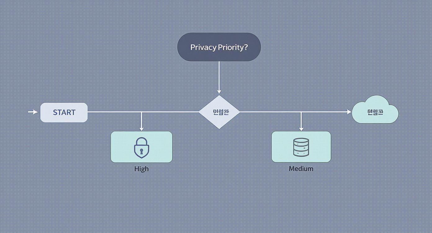 Flowchart illustrating a decision process for privacy priority, leading to high security or medium data storage.