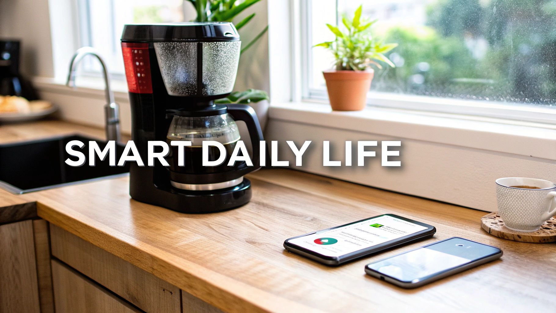 A modern kitchen counter with a coffee maker, two smartphones, and a coffee cup, highlighting smart daily life.