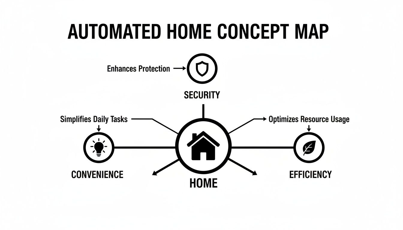 Automated home concept map illustrating key benefits: security, convenience, and efficiency with related actions.