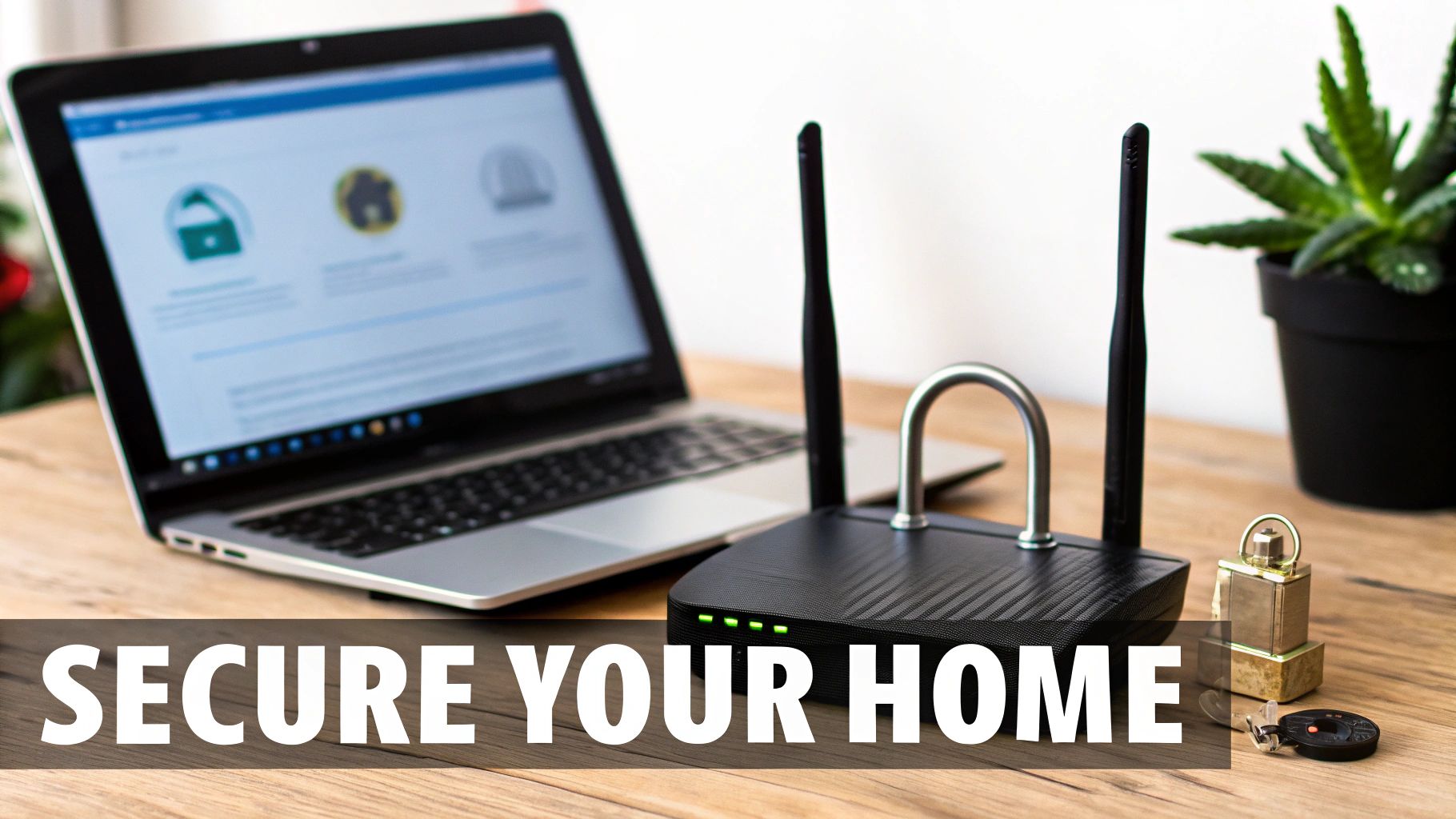 A laptop, a WiFi router with a padlock on top, and a small padlock with a key, illustrating home security.