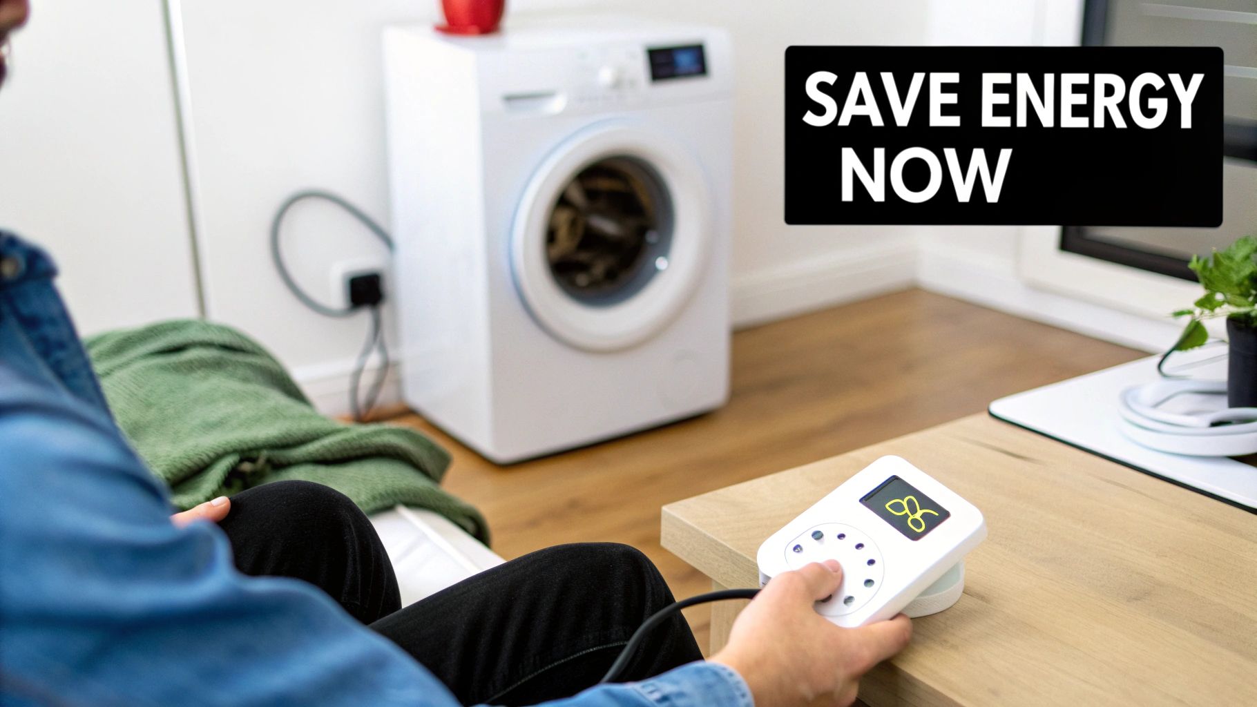 A person holds an energy monitoring device with a washing machine and a 'SAVE ENERGY NOW' sign in the background.