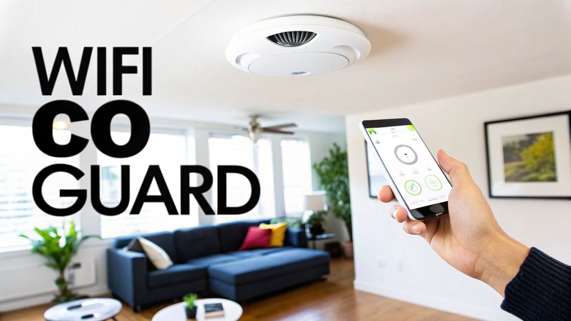 A ceiling-mounted smart carbon monoxide detector is controlled by a smartphone app in a modern living room.