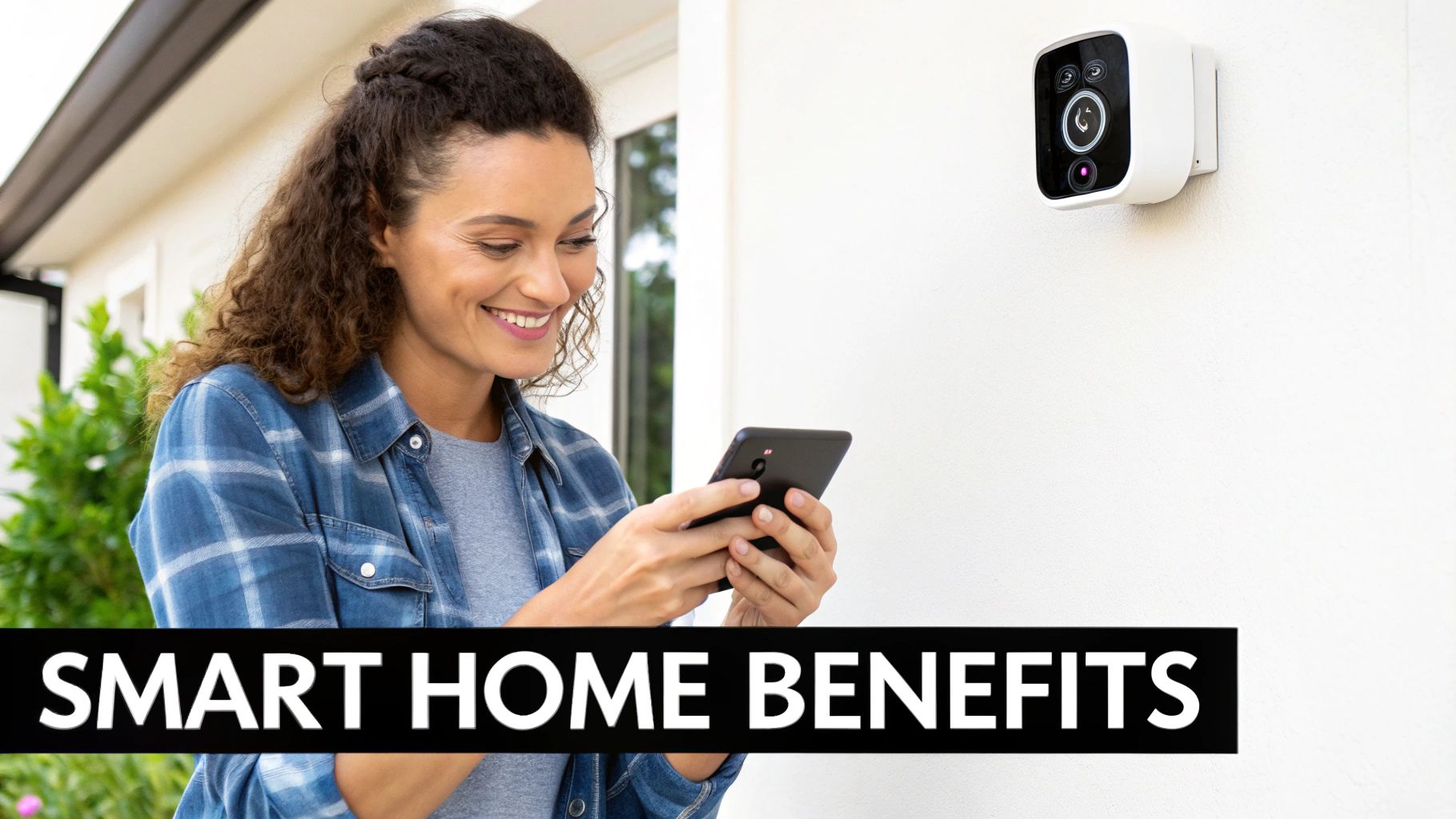 A person adjusting their smart thermostat on a smartphone, with icons for security, lighting, and savings floating nearby.