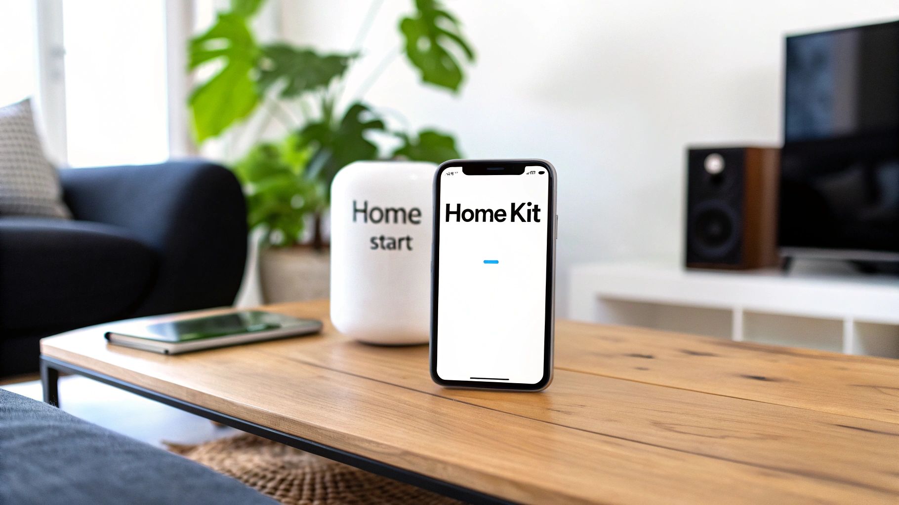 A smartphone displaying HomeKit and a Home start device on a coffee table in a modern living room.