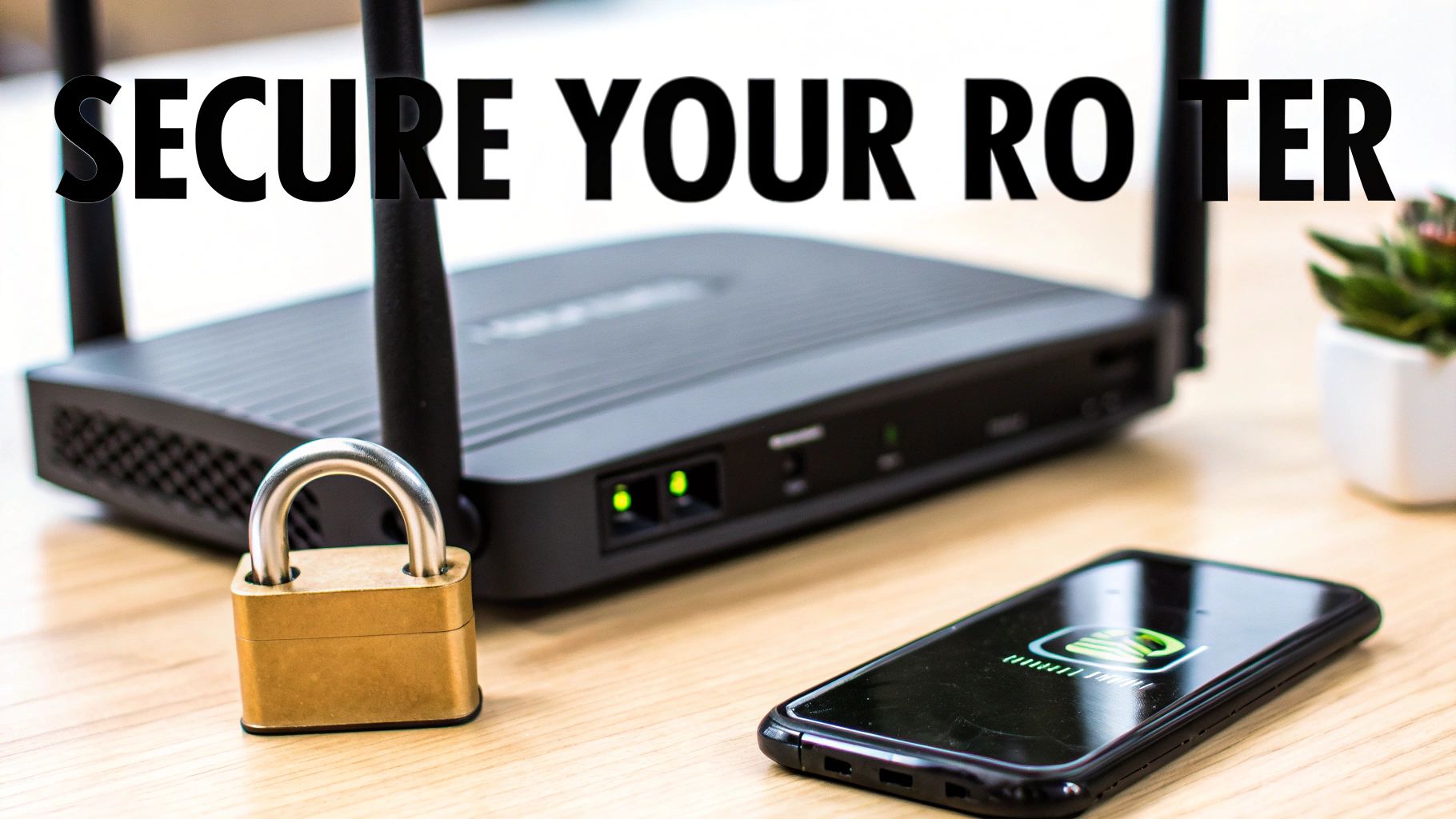 A black Wi-Fi router, a golden padlock, and a smartphone on a wooden desk, with the text 'SECURE YOUR ROUTER'.