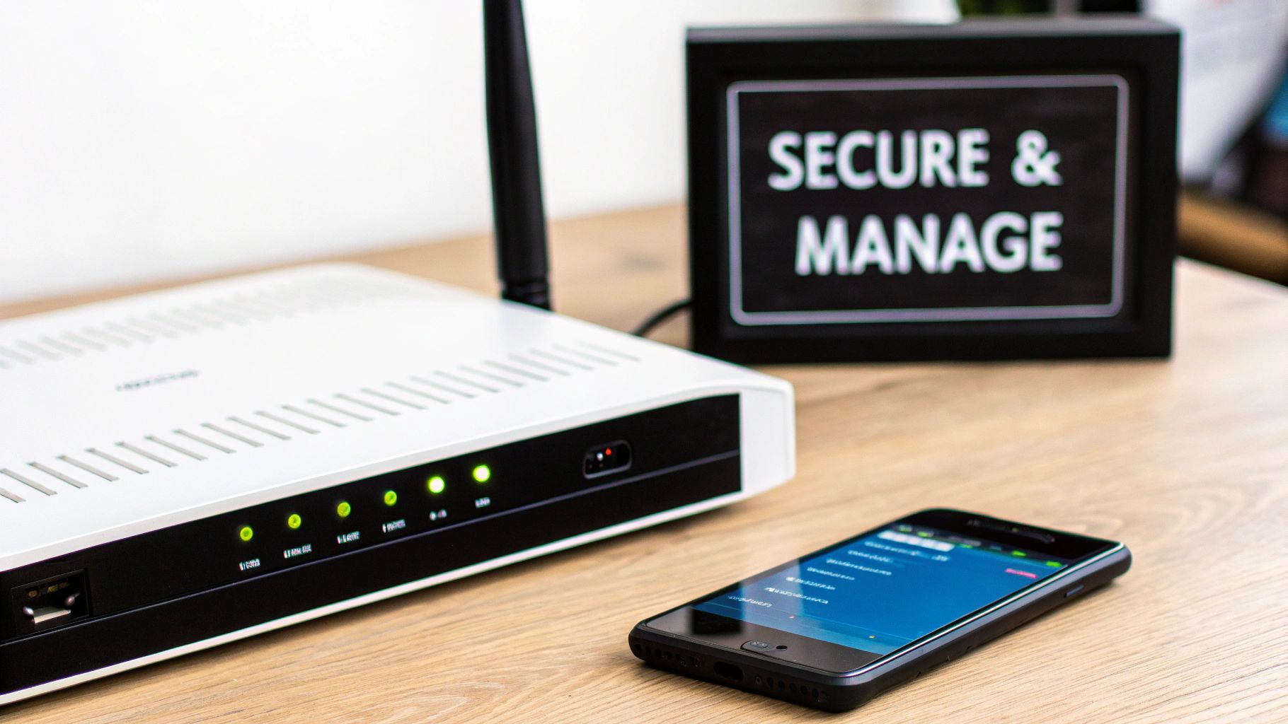 A white router, a smartphone, and a 'Secure & Manage' sign on a wooden table.