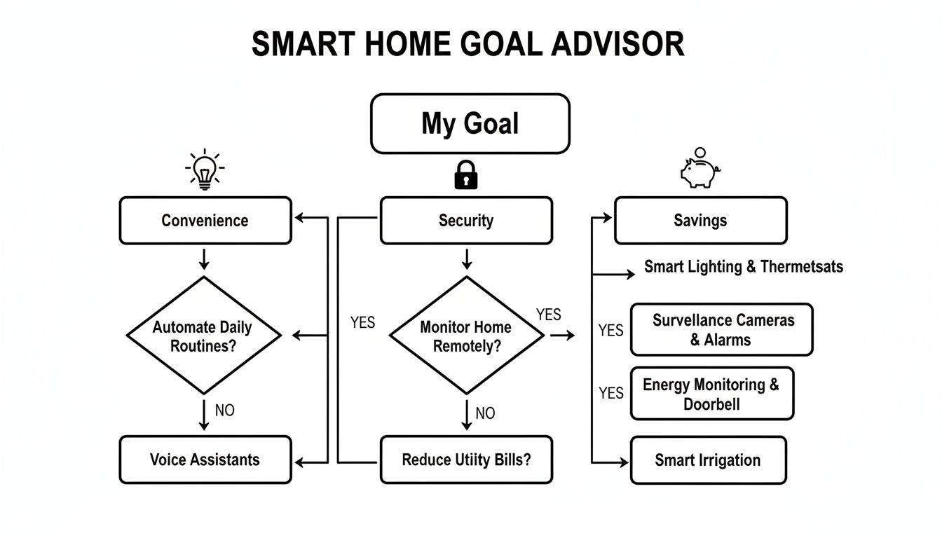 Flowchart illustrating smart home goals like convenience, security, and savings with corresponding solutions.