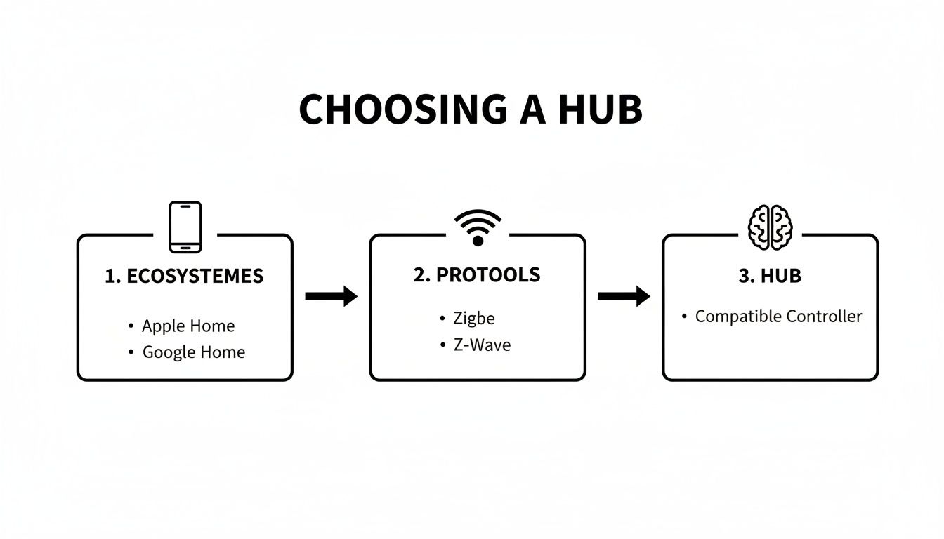 Flowchart outlining three steps for choosing a home automation hub: ecosystems, protocols, and compatible controller.