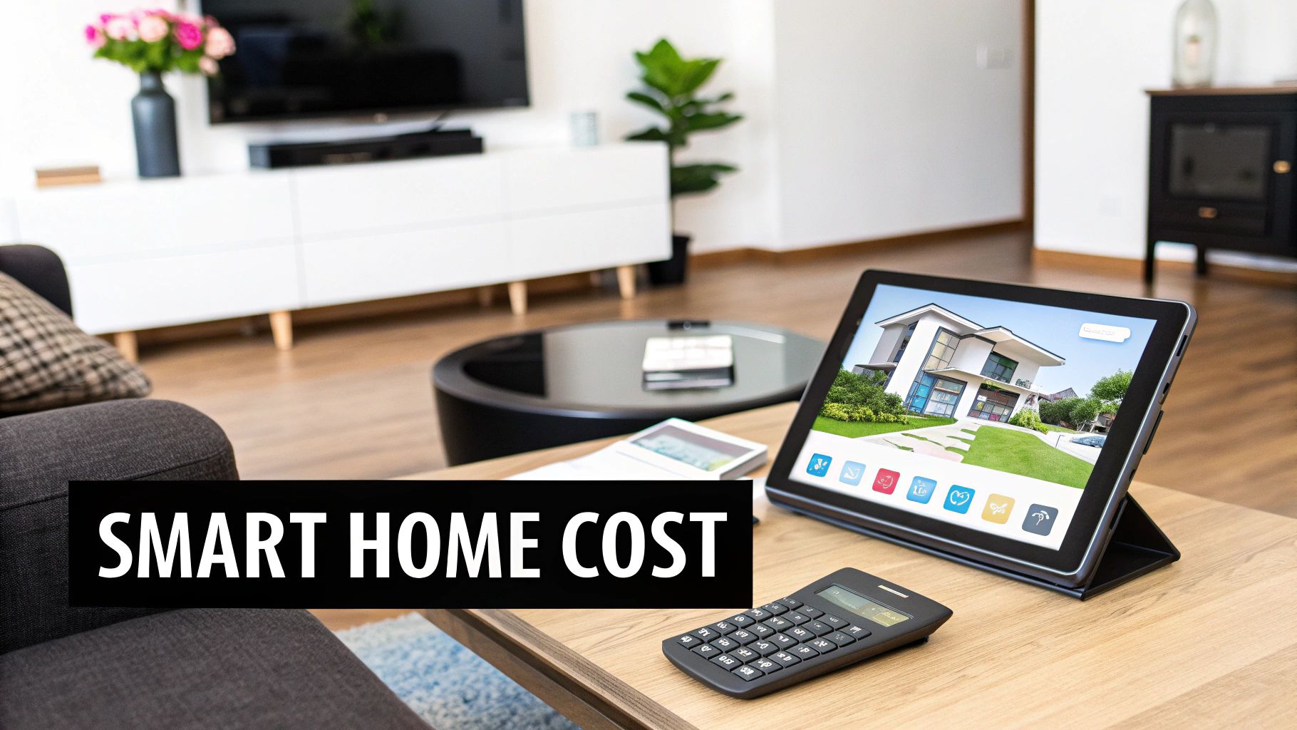 A living room scene with a tablet displaying a modern smart home design and a calculator, illustrating smart home costs.