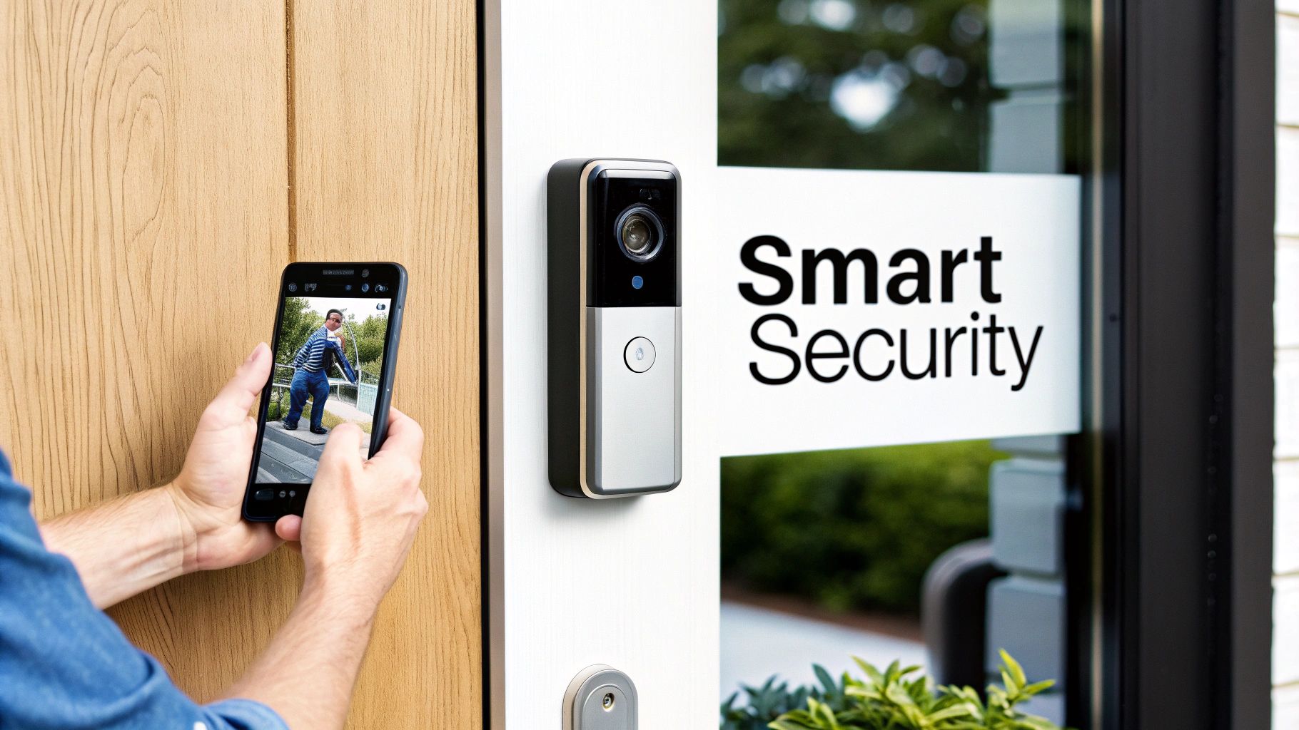A person holds a smartphone displaying a live video feed from a smart doorbell, showing smart home security.
