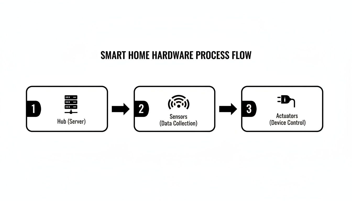 A diagram illustrating the smart home hardware process flow from Hub (Server) to Sensors (Data Collection) and Actuators (Device Control).