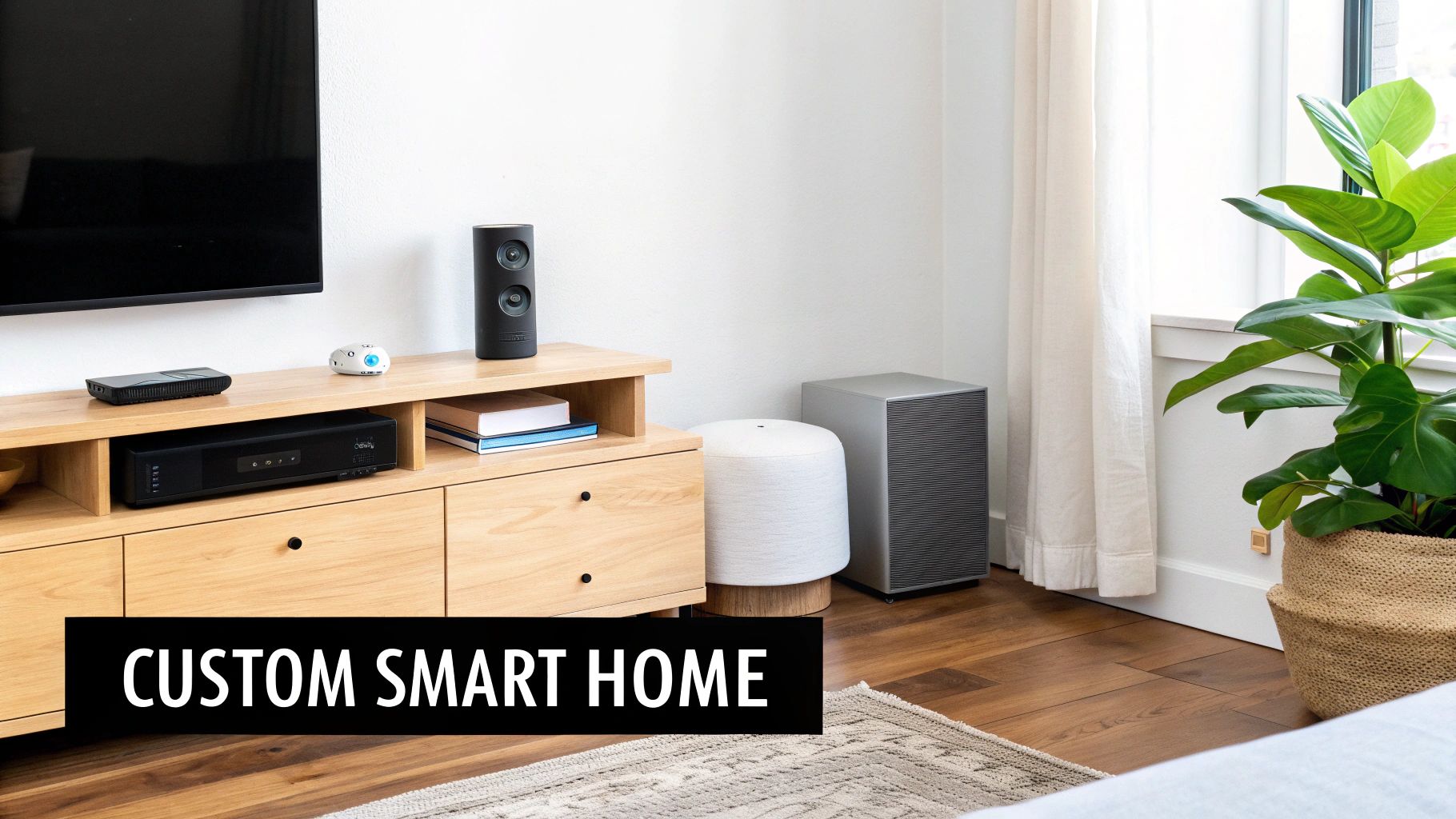 A modern living room with a TV console, smart speaker, sound system, and a large plant.