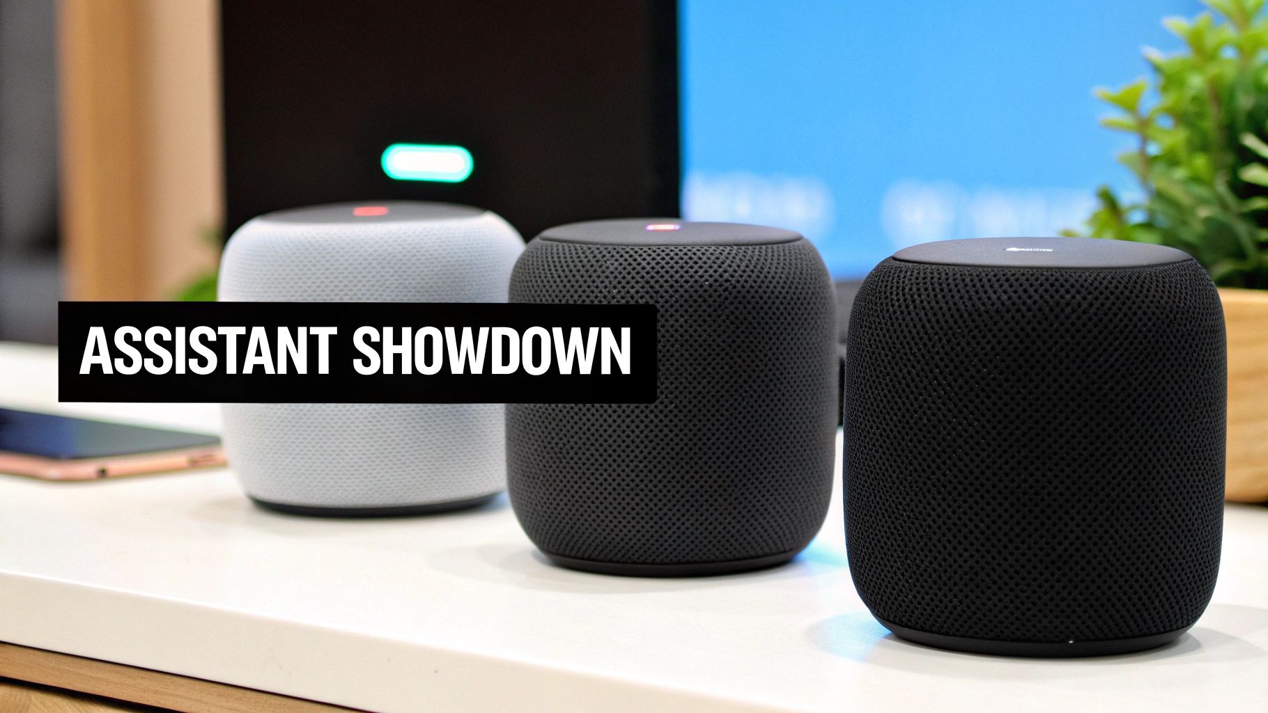 Three smart speakers, one white and two black, on a table with an 'ASSISTANT SHOWDOWN' banner.