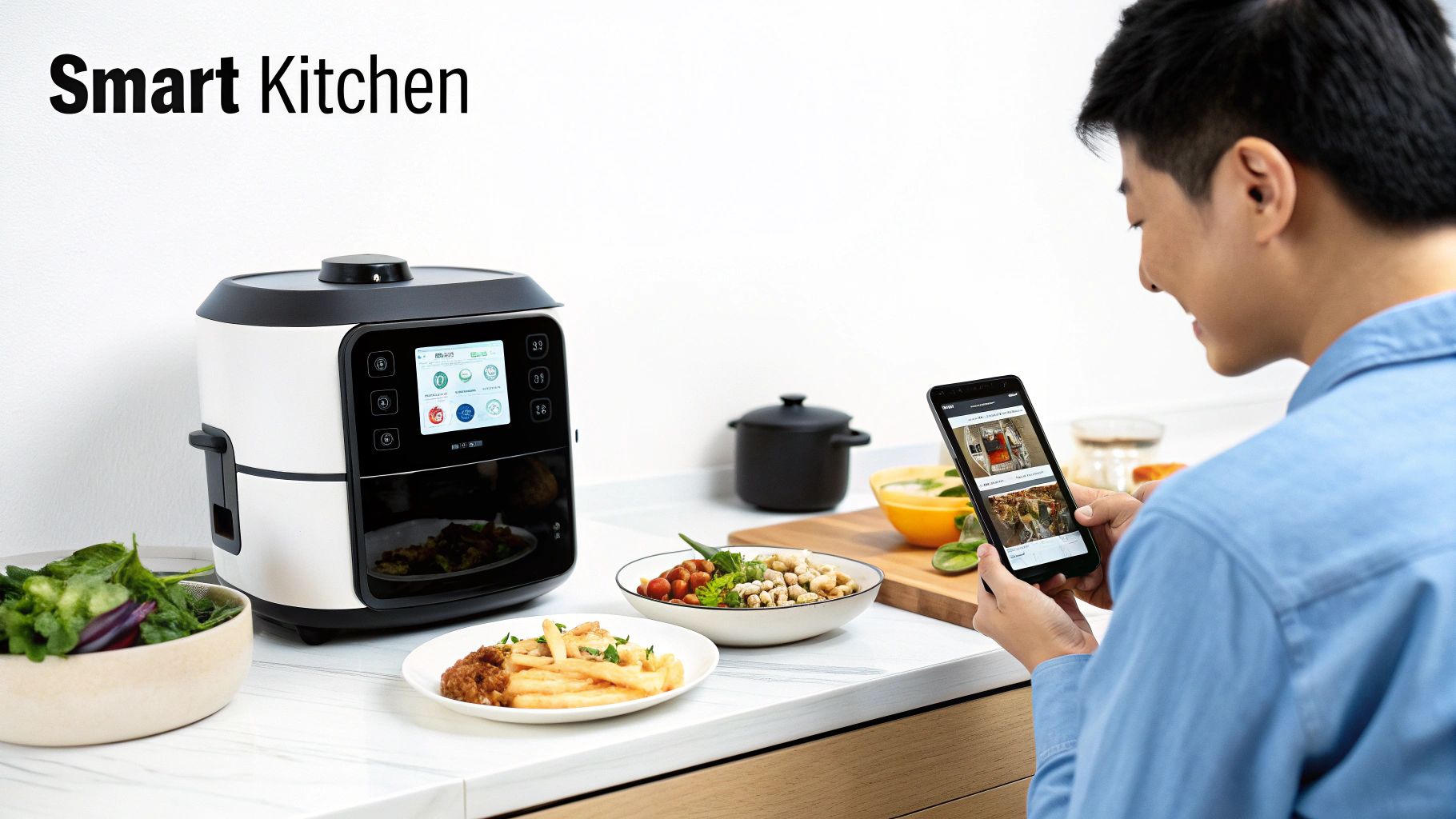 Man using smartphone to control smart kitchen appliance while preparing healthy meal at home