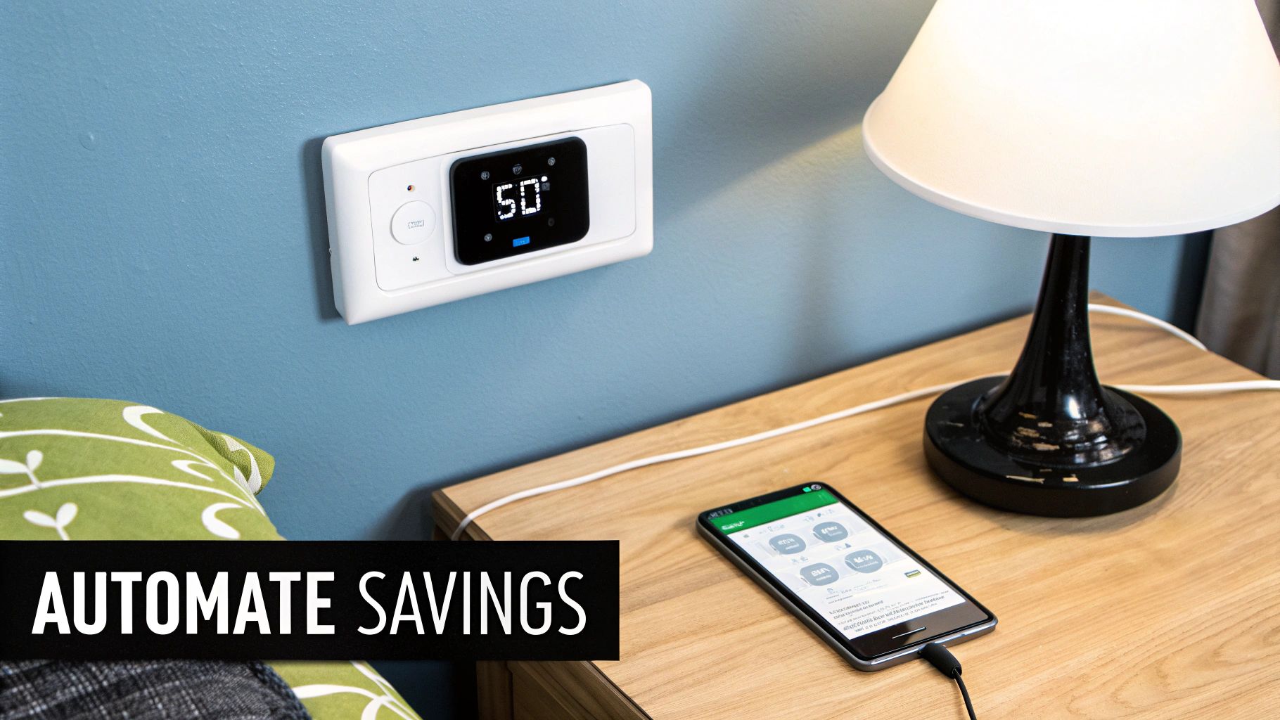 Smart thermostat displaying '50°' on a blue wall, with a phone showing an energy-saving app.