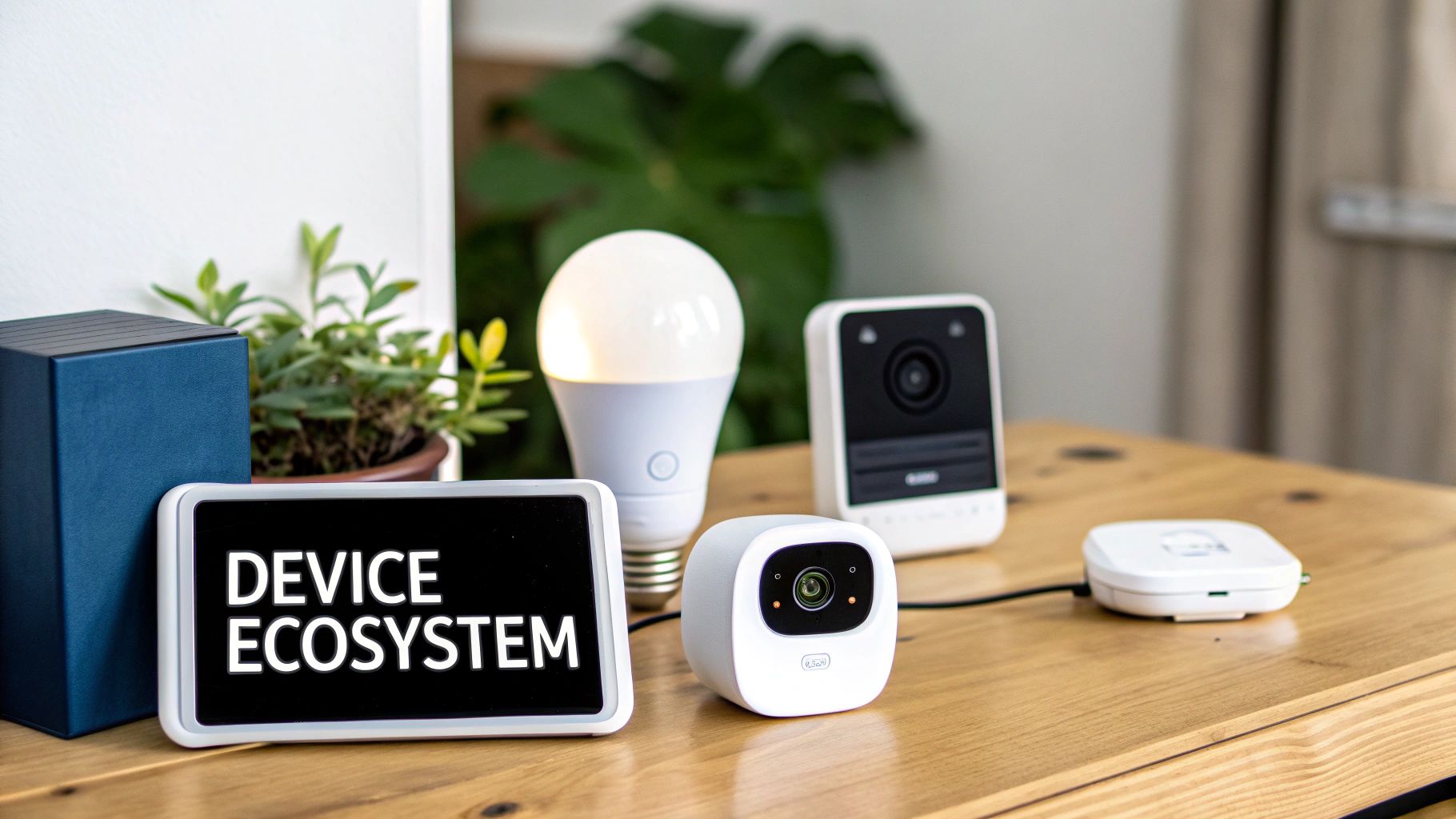 A collection of smart home devices, including cameras, a smart bulb, and a display reading 'DEVICE ECOSYSTEM'.