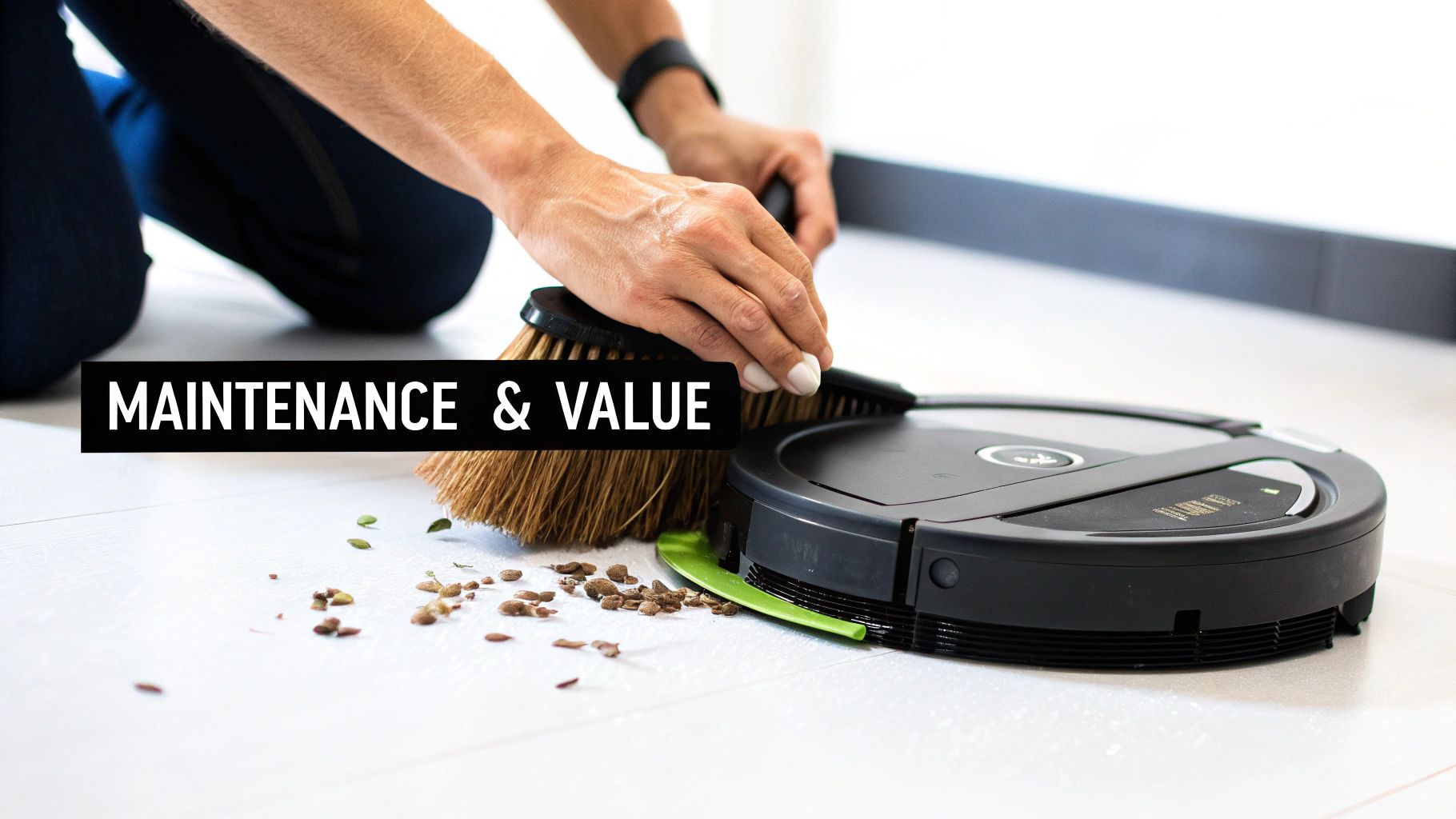 A person sweeps dirt into a dustpan next to a black robotic vacuum cleaner on a white floor.