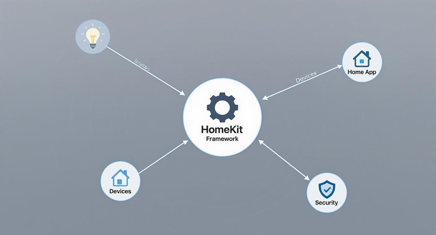 A diagram illustrating the Apple HomeKit Framework connecting various smart home components and functionalities.