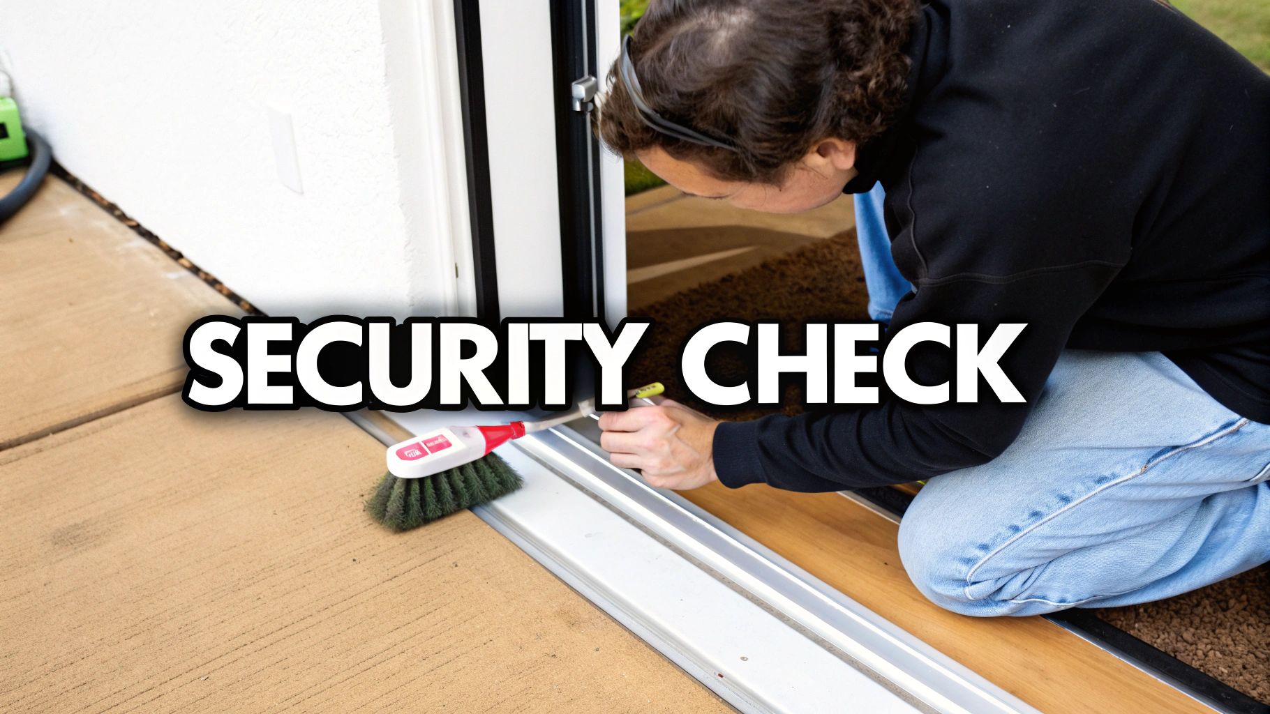 A person performs a security check on a sliding door, maintaining the door track.
