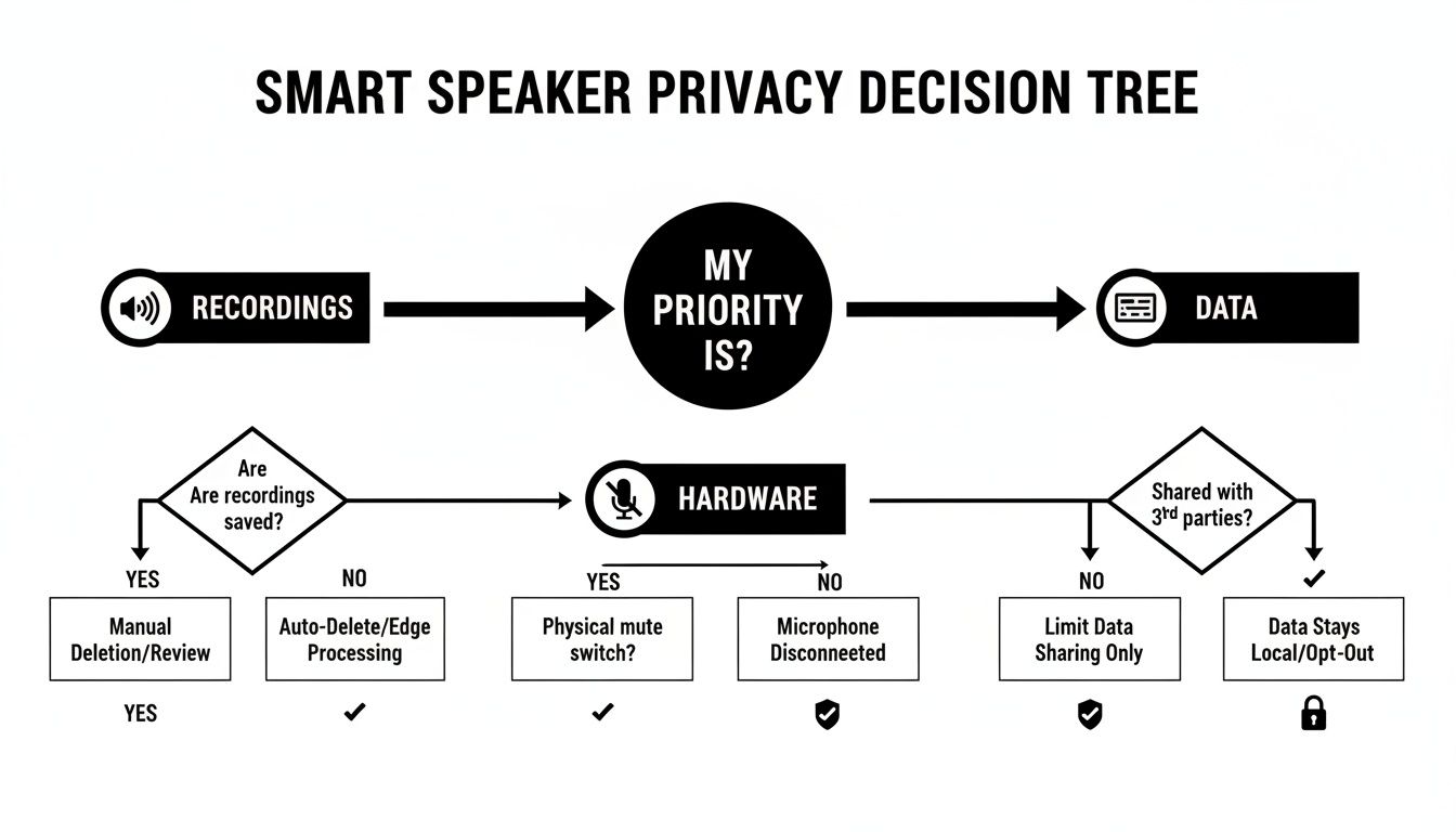 A smart speaker privacy decision tree covering choices for recordings, hardware, and data sharing.
