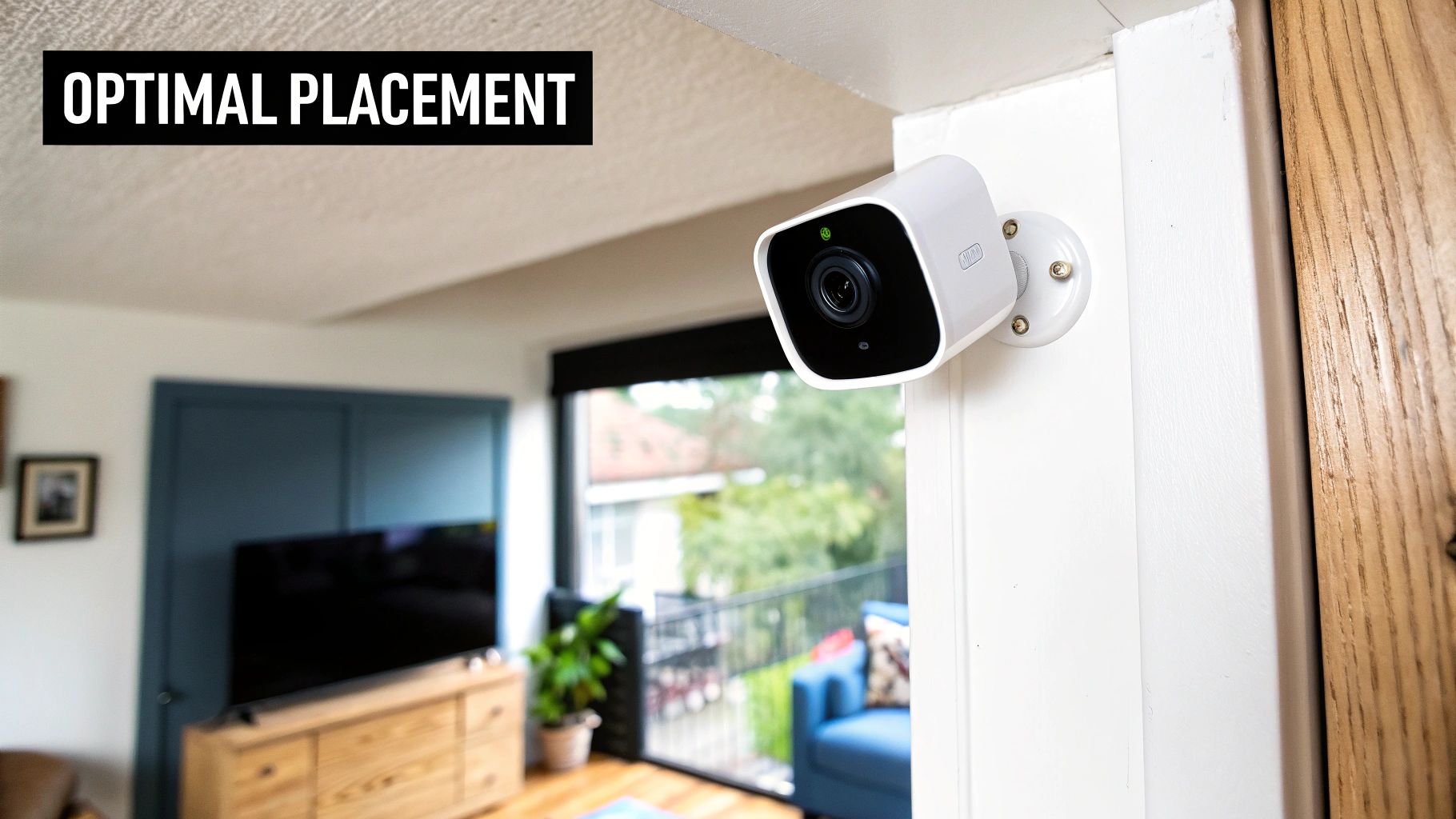 A white micro security camera is optimally placed on a white door frame, overlooking a modern living room.