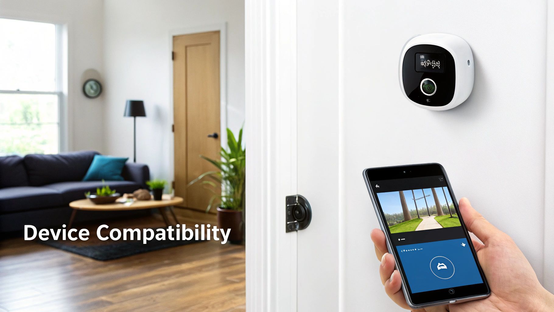 Smart home system showing device compatibility, with a camera and phone displaying an outdoor view.