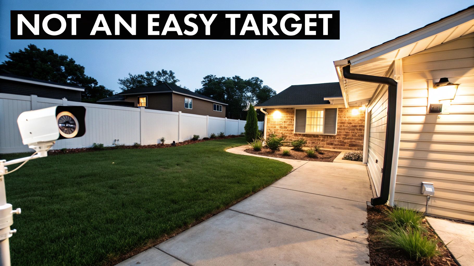 A well-lit home exterior at night, featuring motion-activated floodlights, visible security cameras, and a cleanly maintained yard.